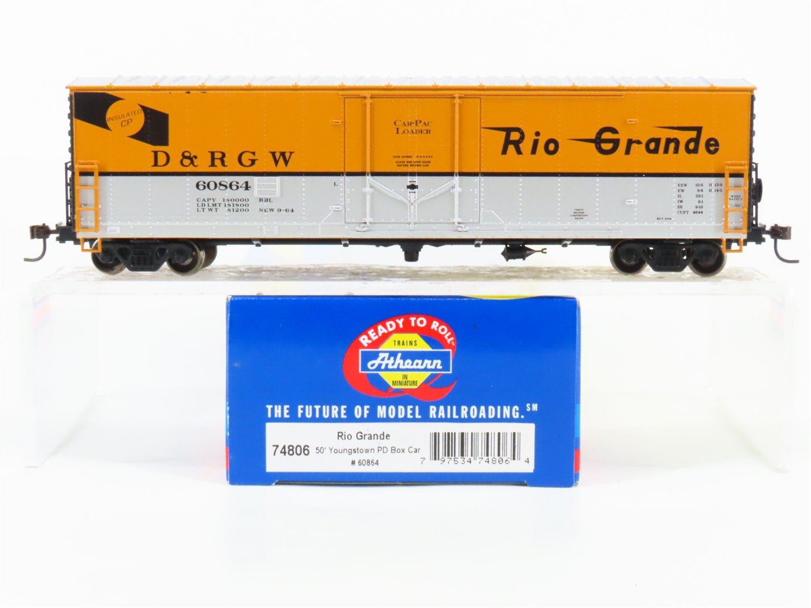 HO Scale Athearn 74806 D&RGW Rio Grande Railroad 50' Plug Door Box Car #60864