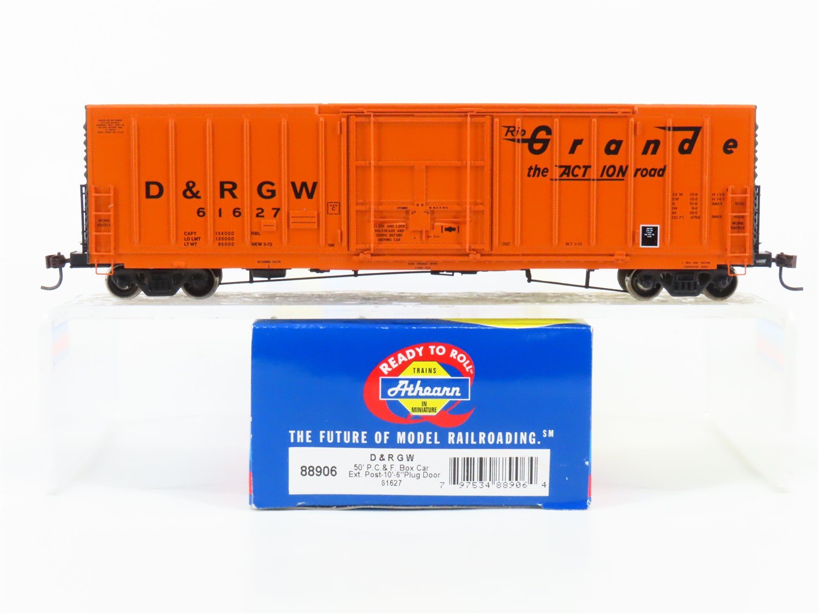 HO Scale Athearn 88906 D&RGW Rio Grande Railroad 50' Plug Door Box Car #61627