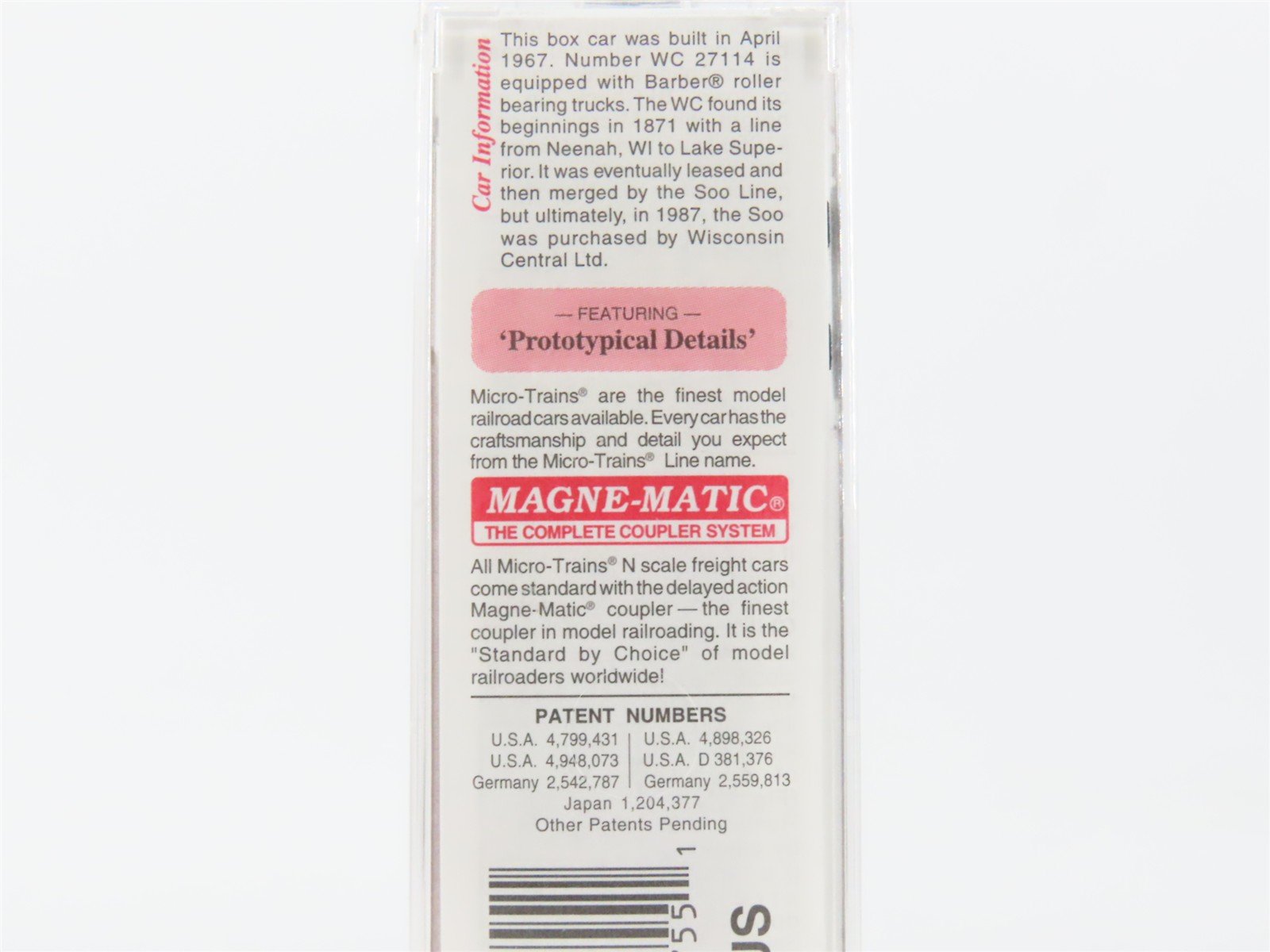 N Scale Micro-Trains MTL 27200 WC Wisconsin Central 50' Plug Door Box Car #27114