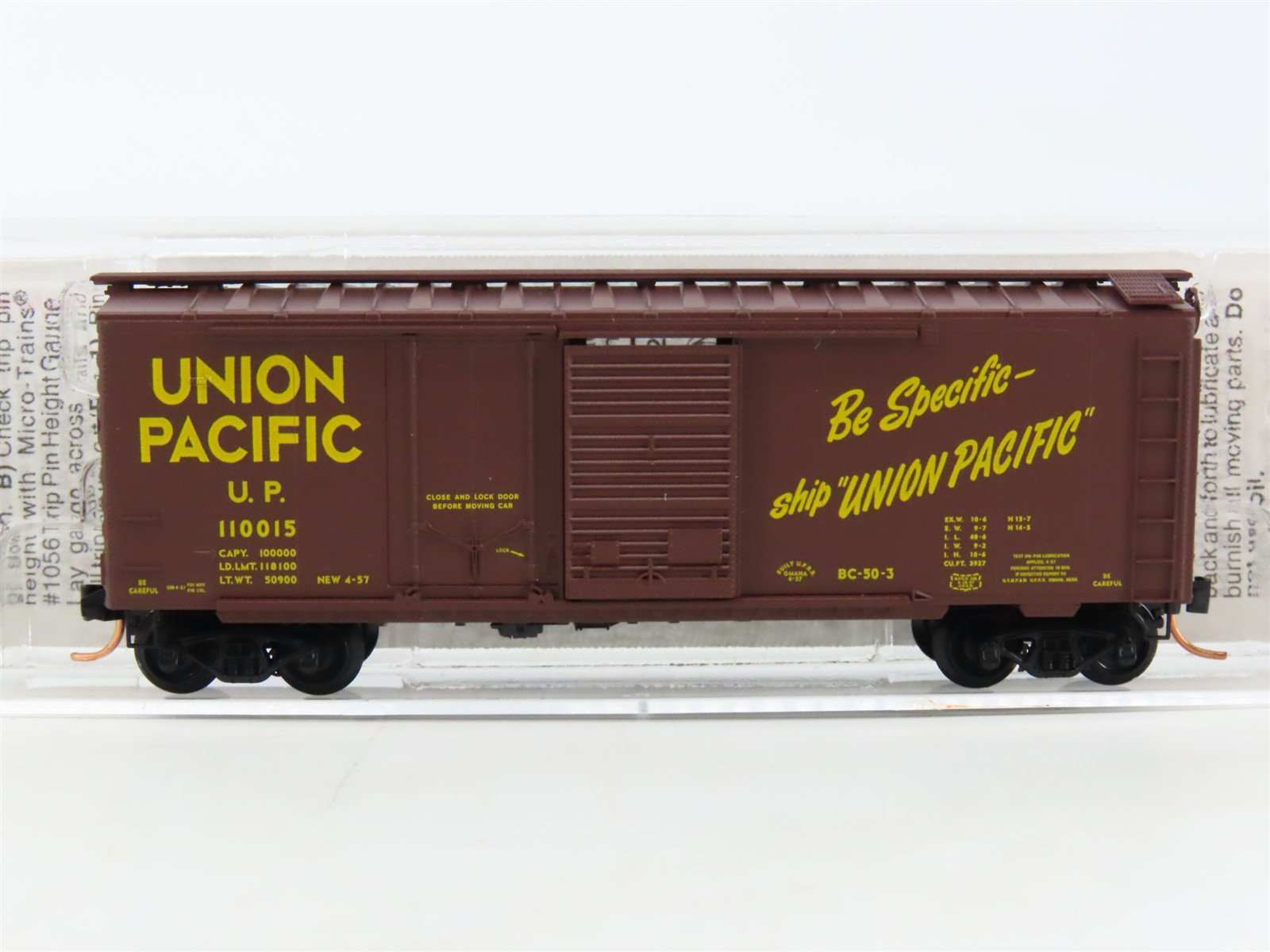 N Scale Micro-Trains MTL 22030 UP Union Pacific "Be Specific" 40' Boxcar #110015