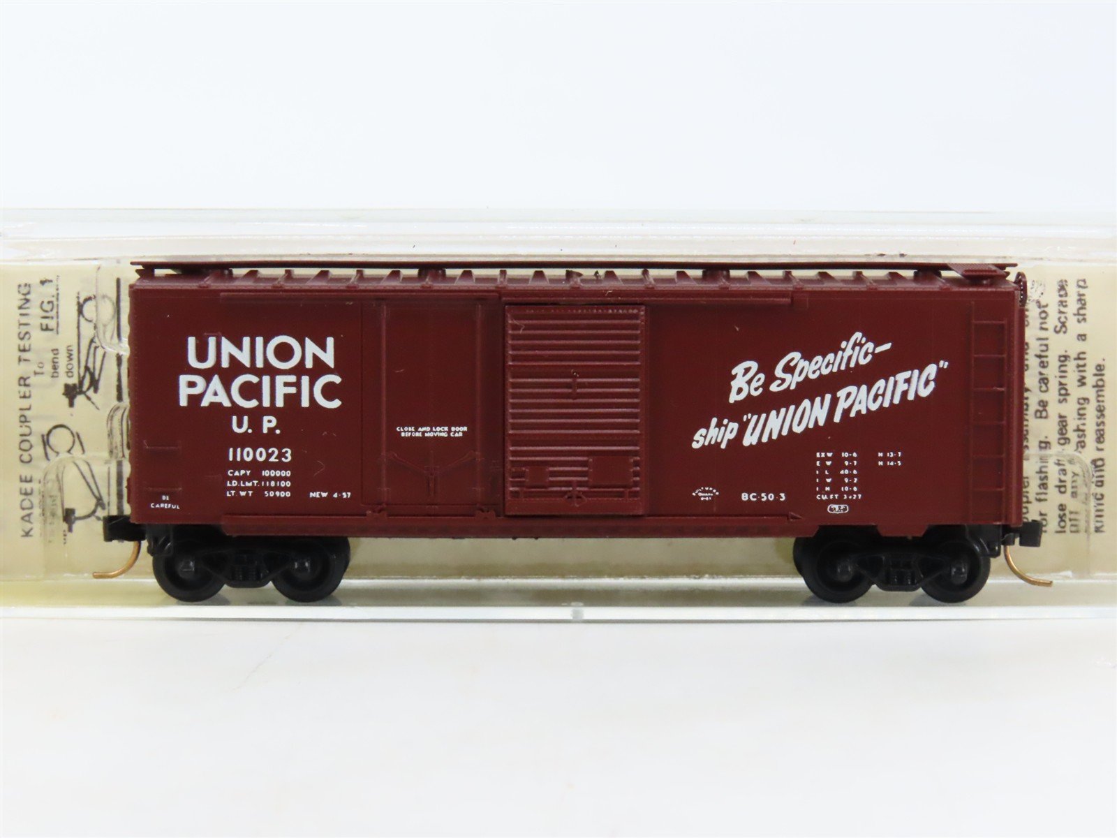 N Kadee Micro-Trains MTL 22030 UP Union Pacific "Be Specific" 40' Boxcar #110023