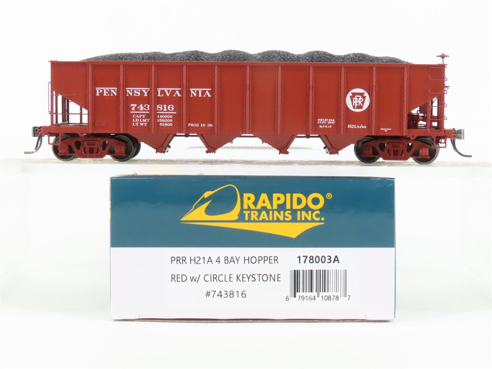 HO Scale Rapido 178003A PRR Pennsylvania H21A 4-Bay Hopper #743816 w/ Coal Load