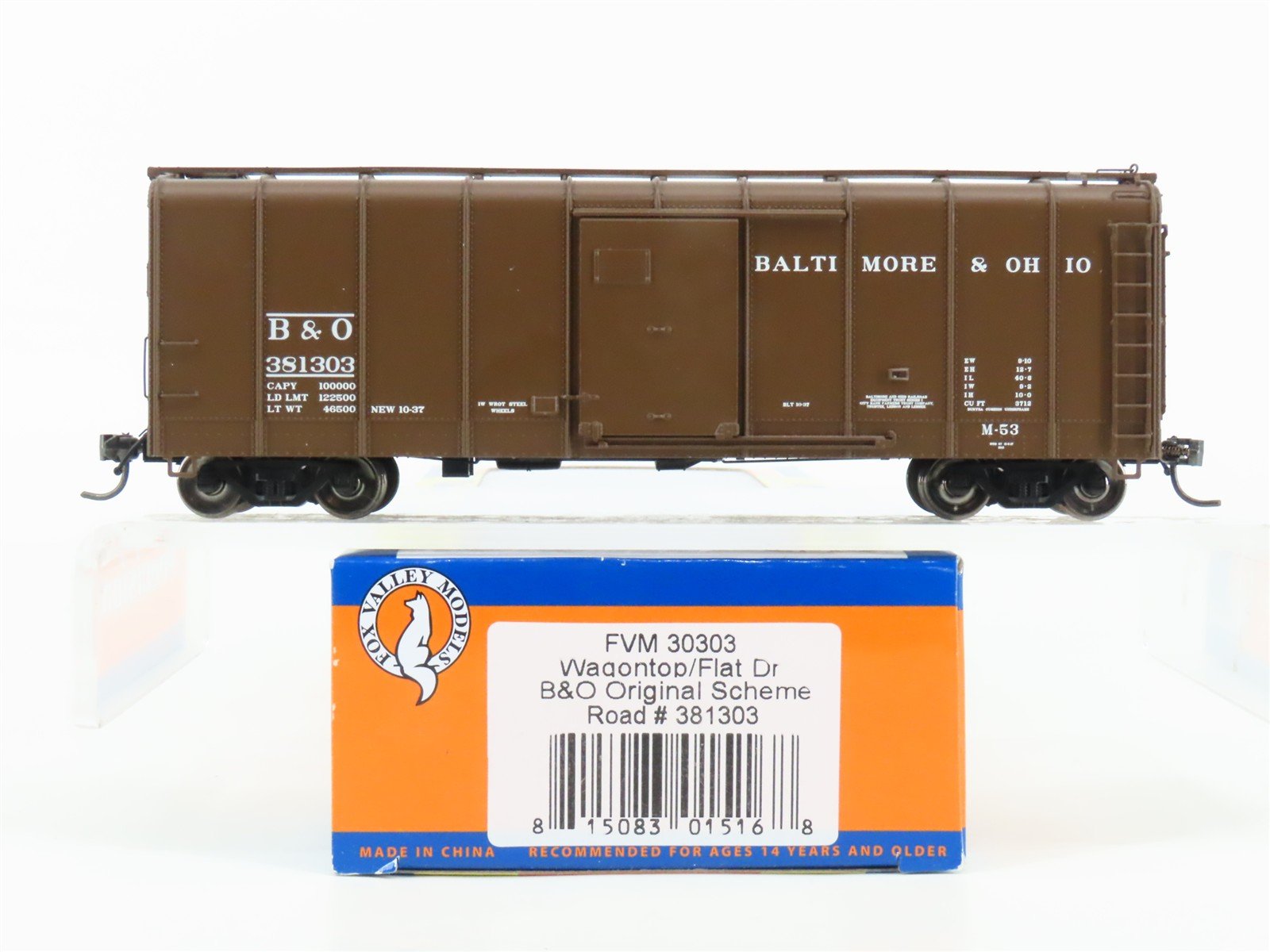 HO Scale Fox Valley FVM 30303 B&O Baltimore & Ohio Wagontop Boxcar #381303