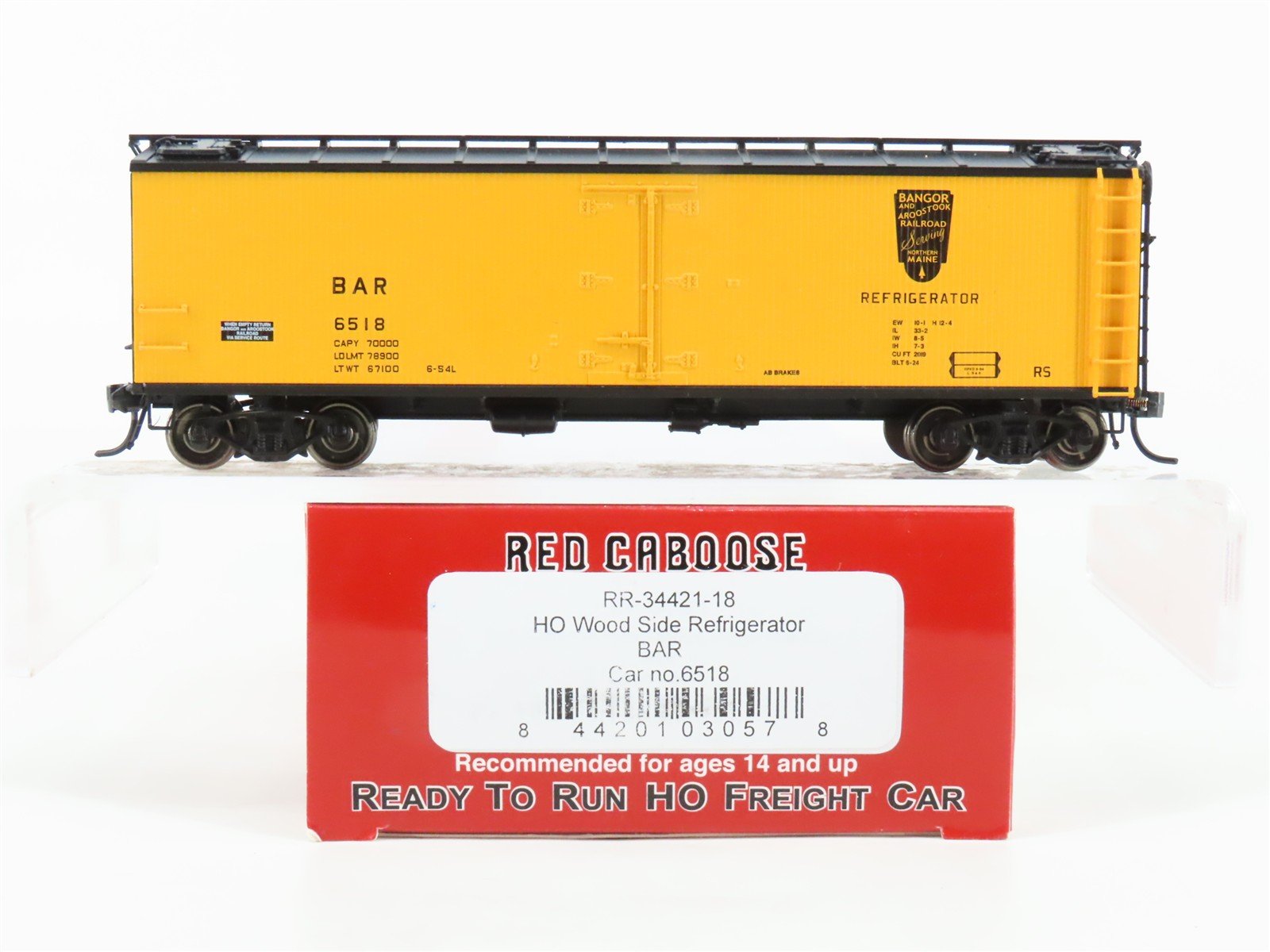 HO Scale Red Caboose RR-34421-18 BAR Bangor & Aroostook Reefer Car #6518