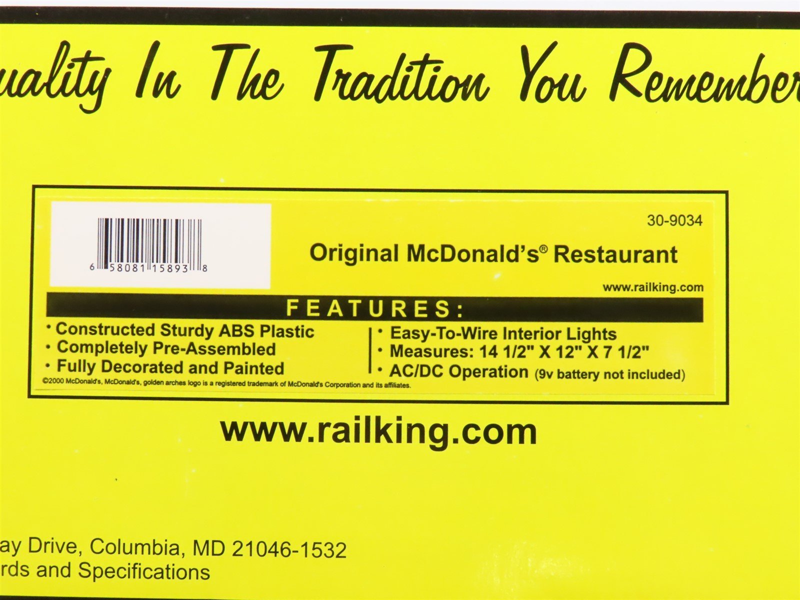 O Scale MTH Rail King 30-9034 Original McDonalds Restaurant