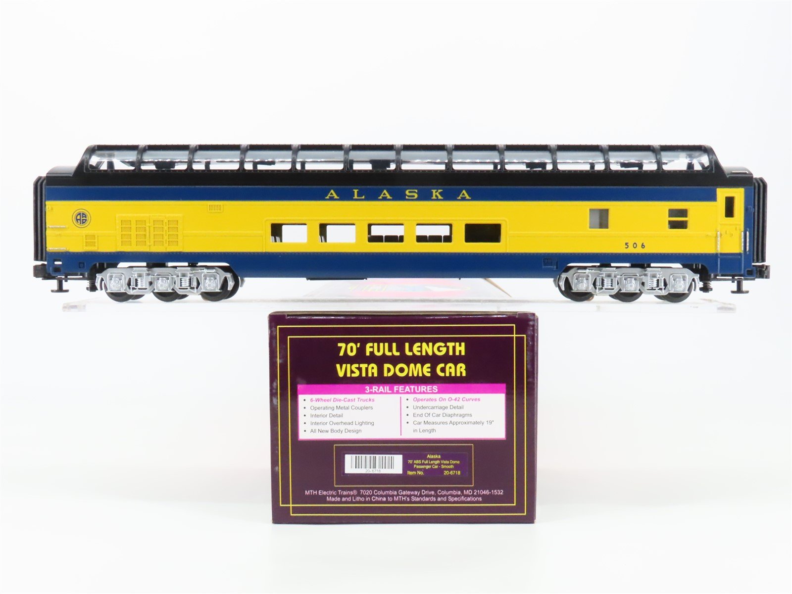 O Gauge 3-Rail MTH 20-6718 ARR Alaska 70' Full Vista Dome Passenger Car #506
