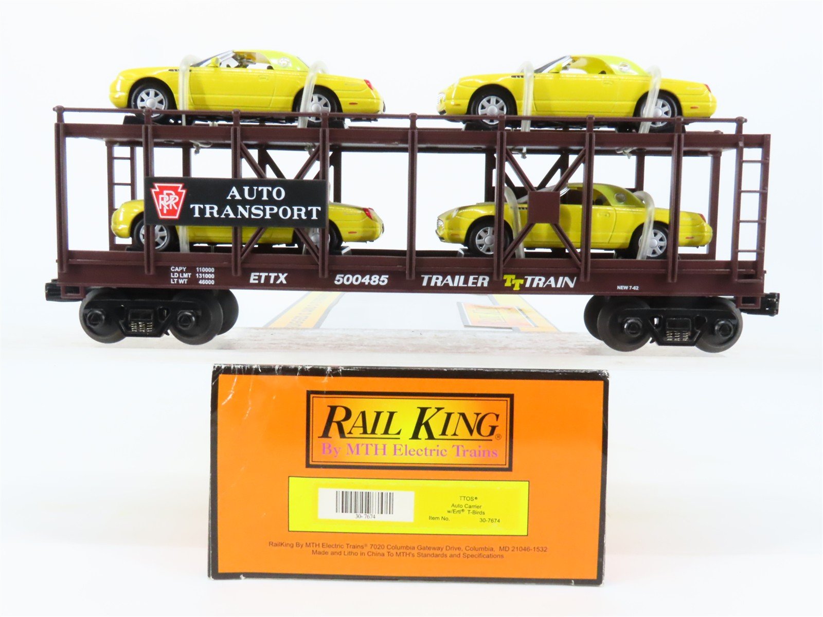O27 Gauge 3-Rail MTH RailKing ETTX / PRR Auto Carrier #500485 w/ Ertl T-Birds