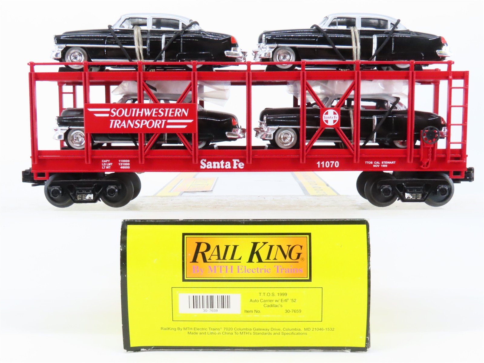 O27 3-Rail MTH RailKing 30-7659 ATSF Auto Carrier #11070 w/ Ertl '52 Cadillacs