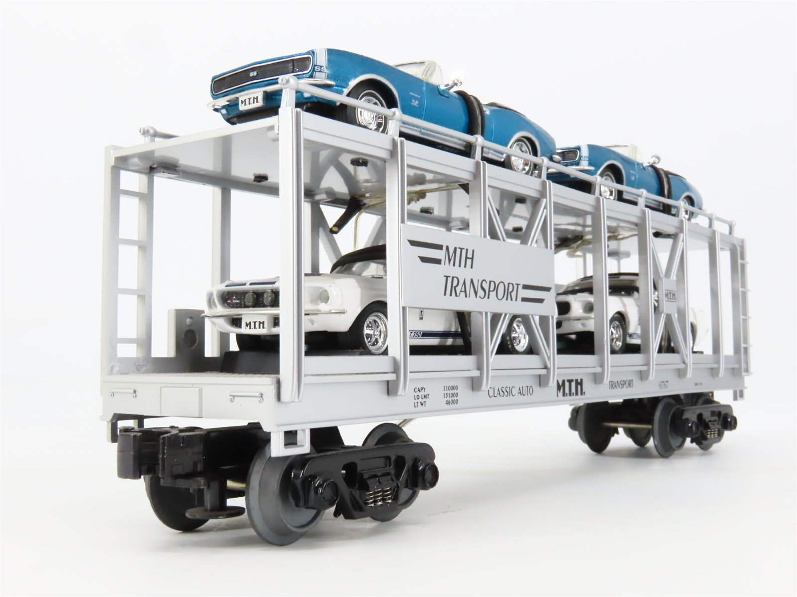 O27 3-Rail MTH RailKing 30-7666 Auto-Carrier #6767 w/ Ertl '67 Camero & Shelby