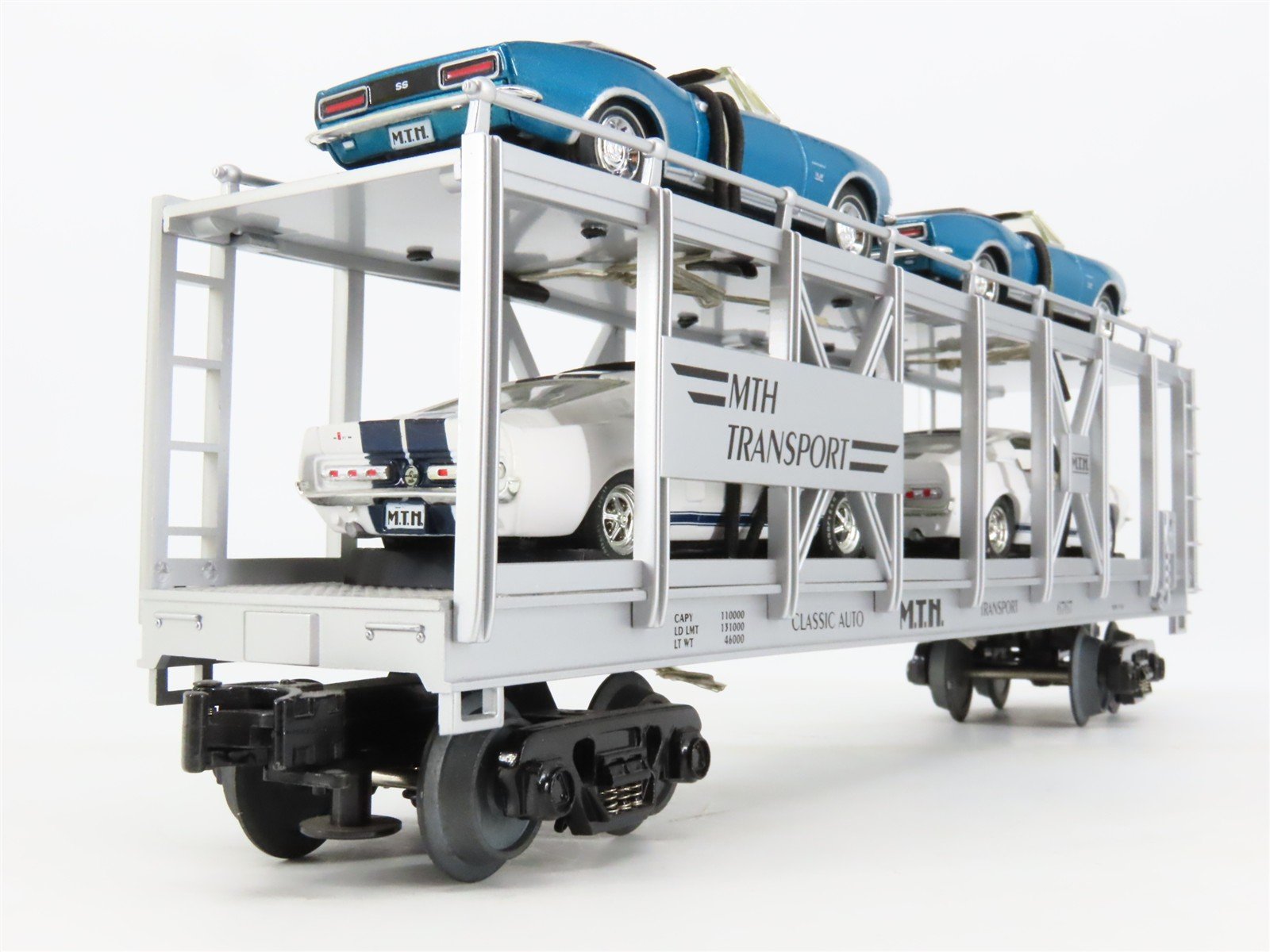 O27 3-Rail MTH RailKing 30-7666 Auto-Carrier #6767 w/ Ertl '67 Camero & Shelby