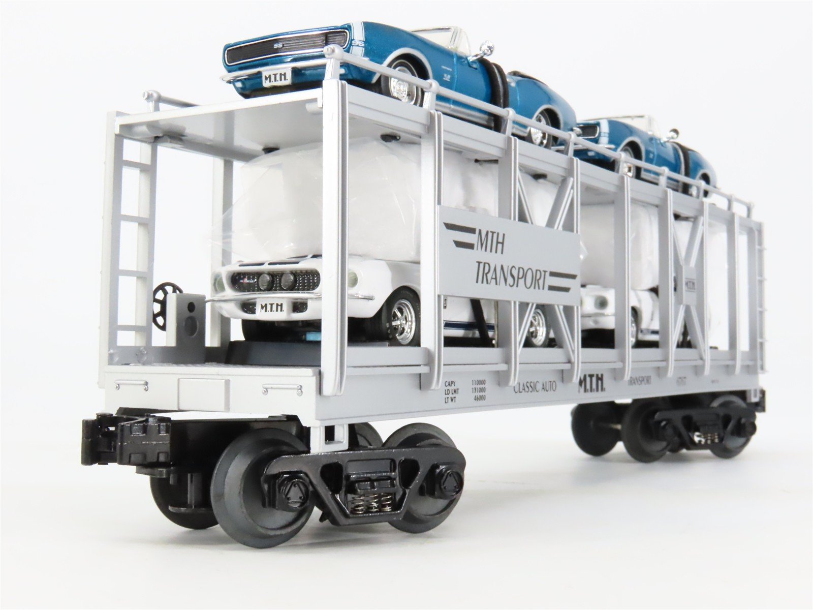 O27 3-Rail MTH RailKing 30-7666 Auto-Carrier #6767 w/ Ertl '67 Camero & Shelby