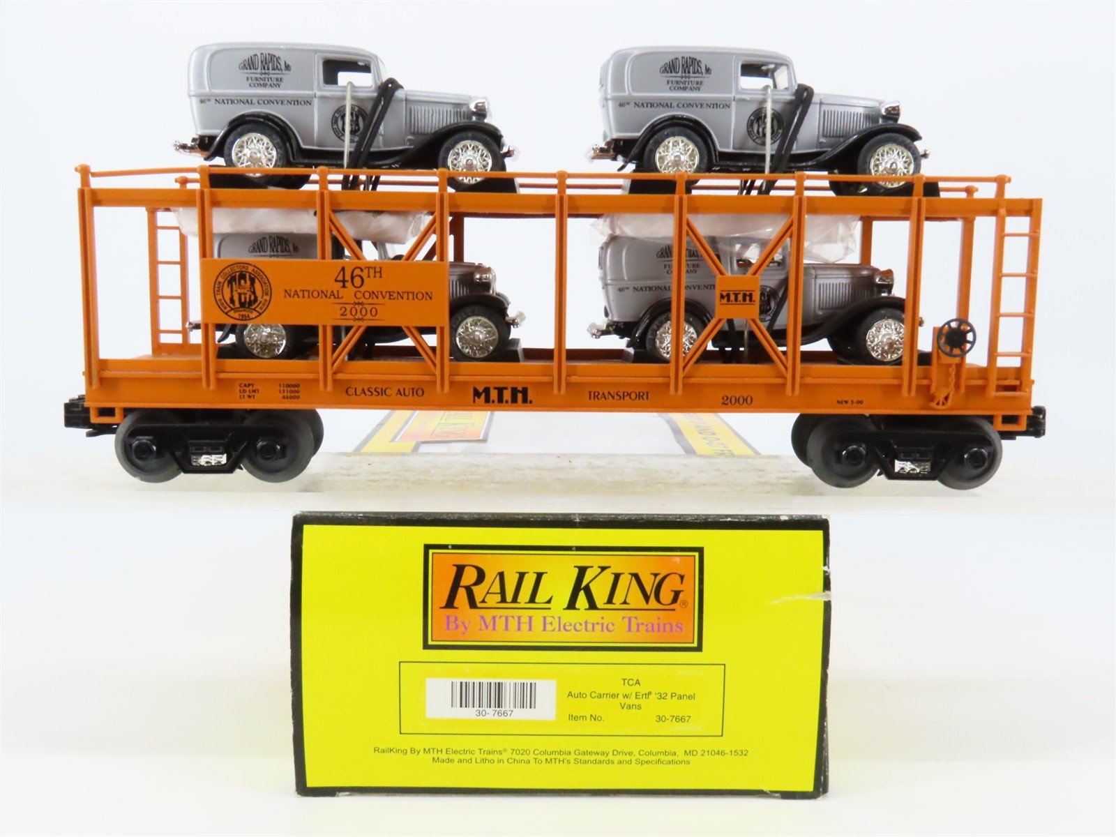 O27 3-Rail MTH RailKing 30-7667 TCA Auto Carrier #2000 w/ Ertl '32 Panel Vans