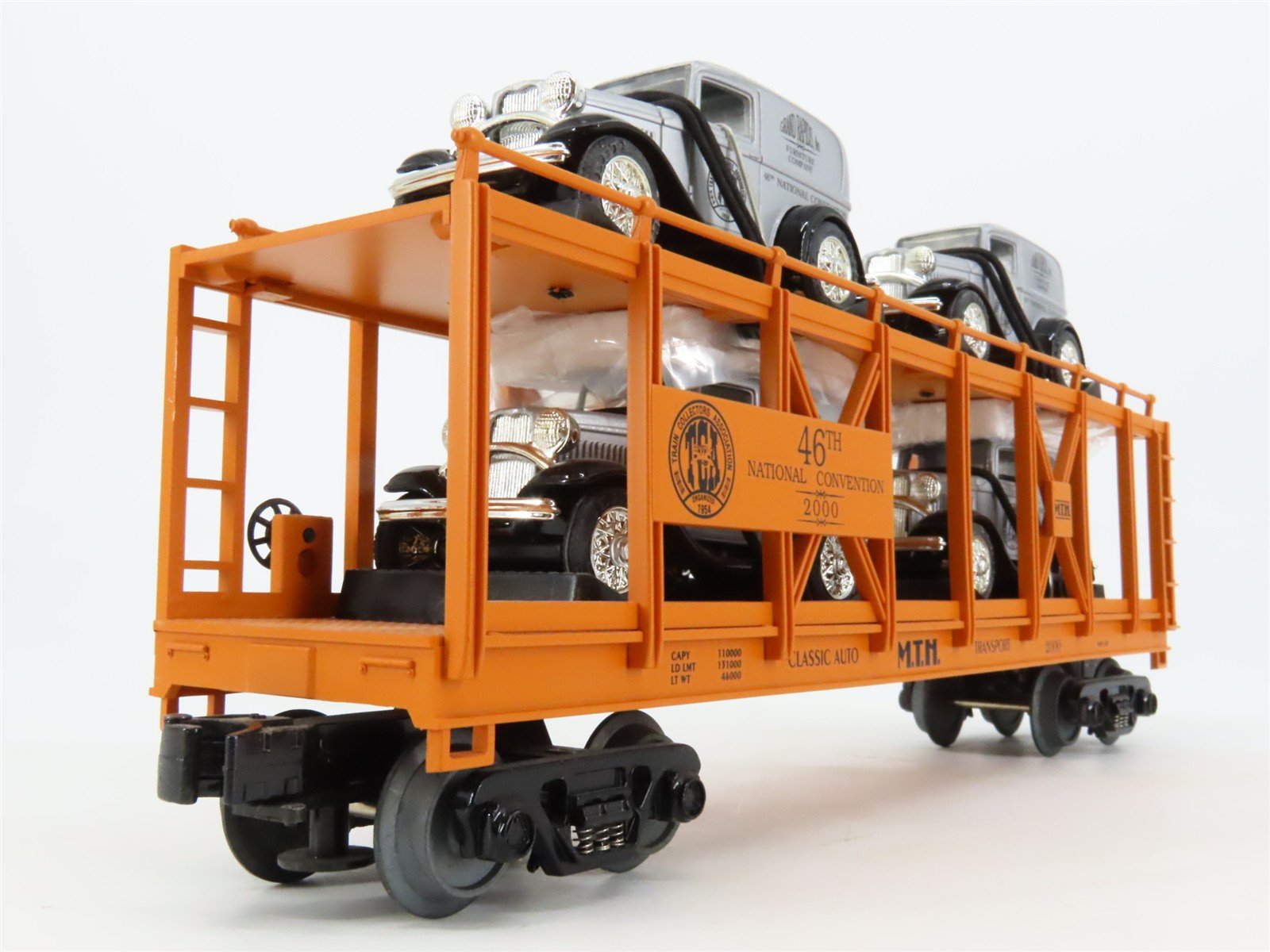 O27 3-Rail MTH RailKing 30-7667 TCA Auto Carrier #2000 w/ Ertl '32 Panel Vans