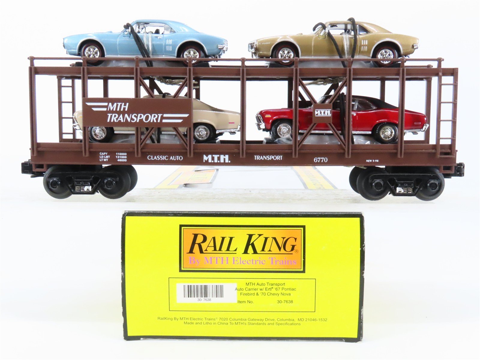 O27 3-Rail MTH RailKing 30-7638 Auto Carrier #6770 w/ Ertl 67 Firebird & 70 Nova