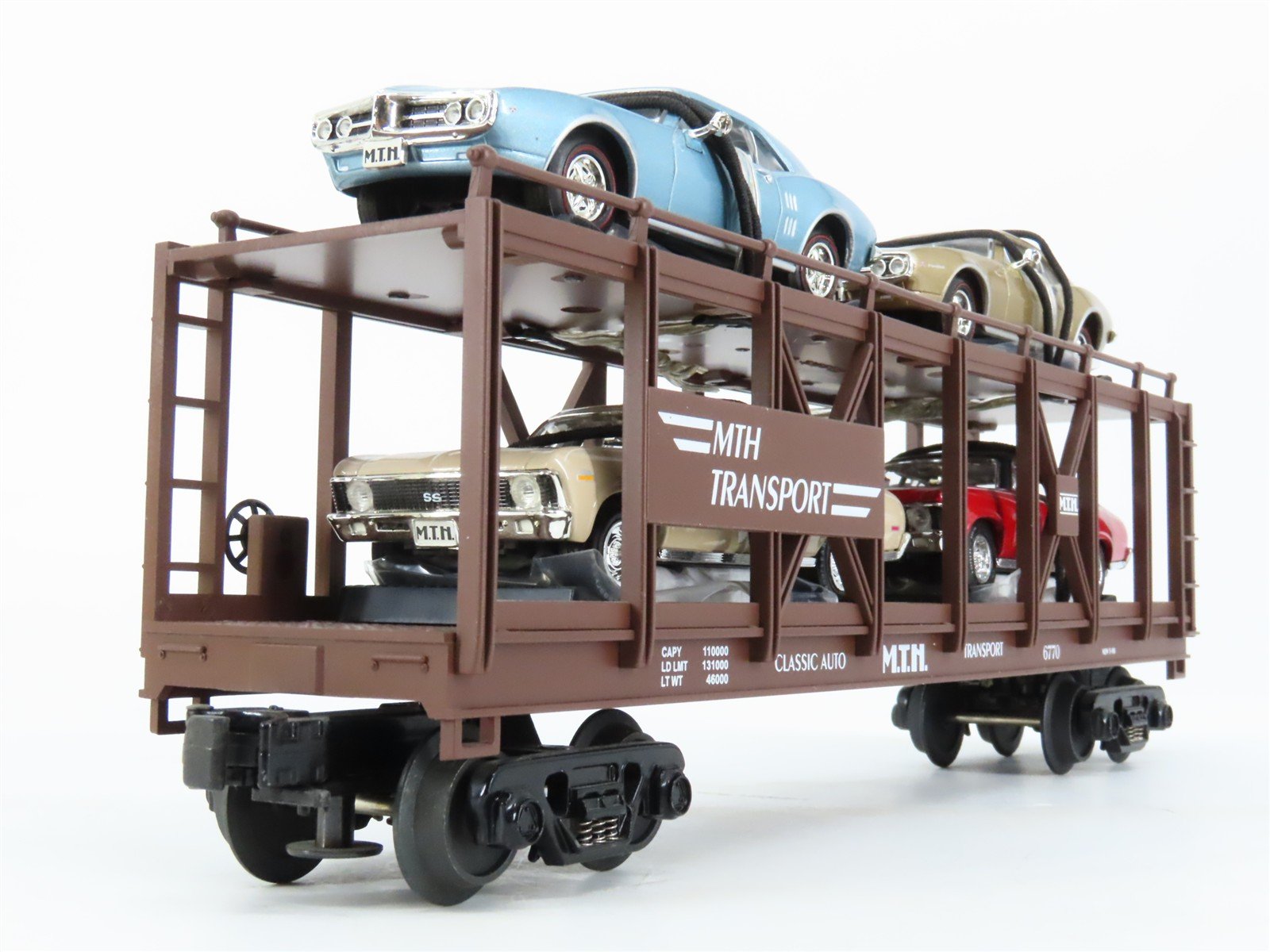 O27 3-Rail MTH RailKing 30-7638 Auto Carrier #6770 w/ Ertl 67 Firebird & 70 Nova