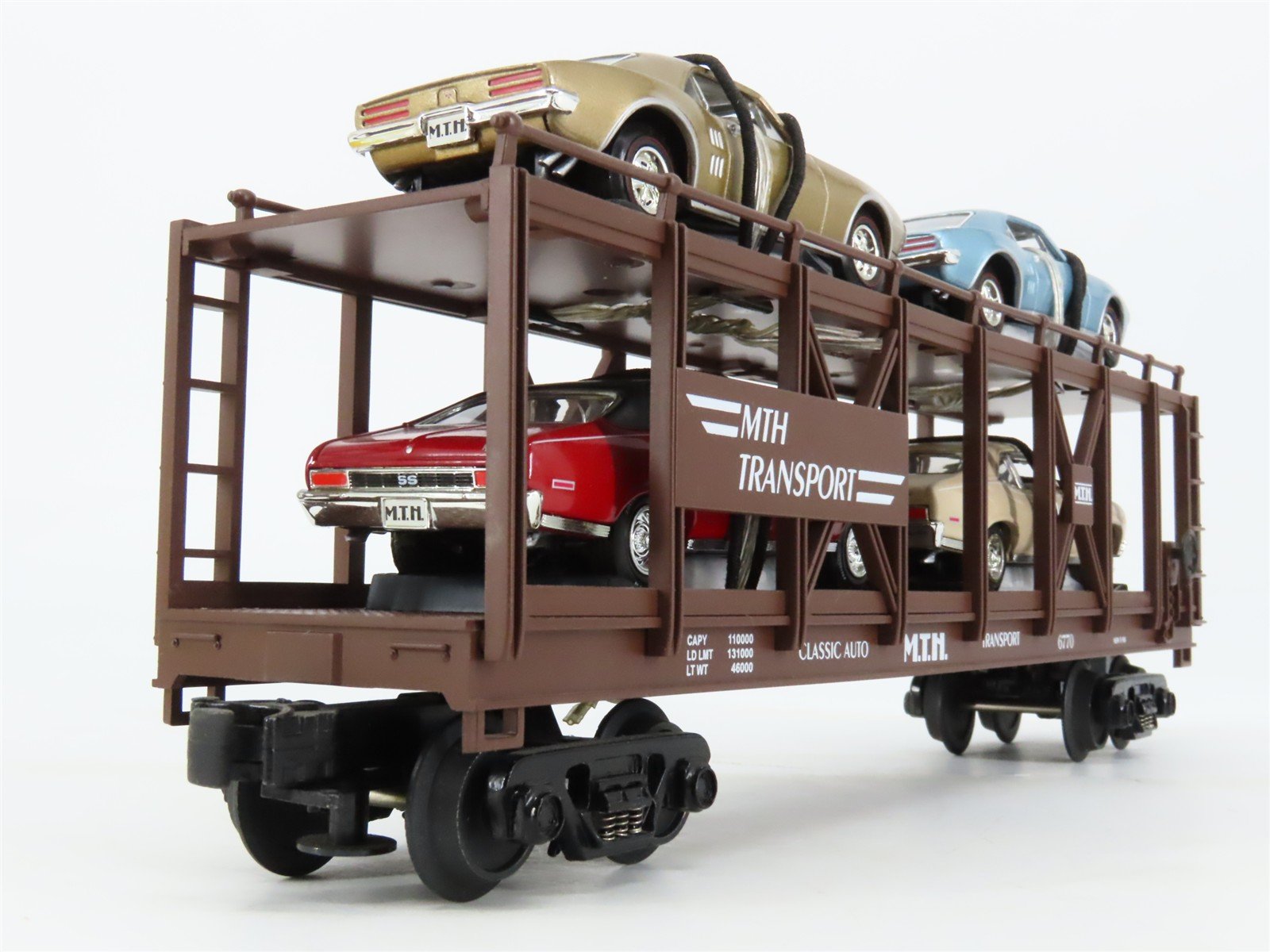 O27 3-Rail MTH RailKing 30-7638 Auto Carrier #6770 w/ Ertl 67 Firebird & 70 Nova