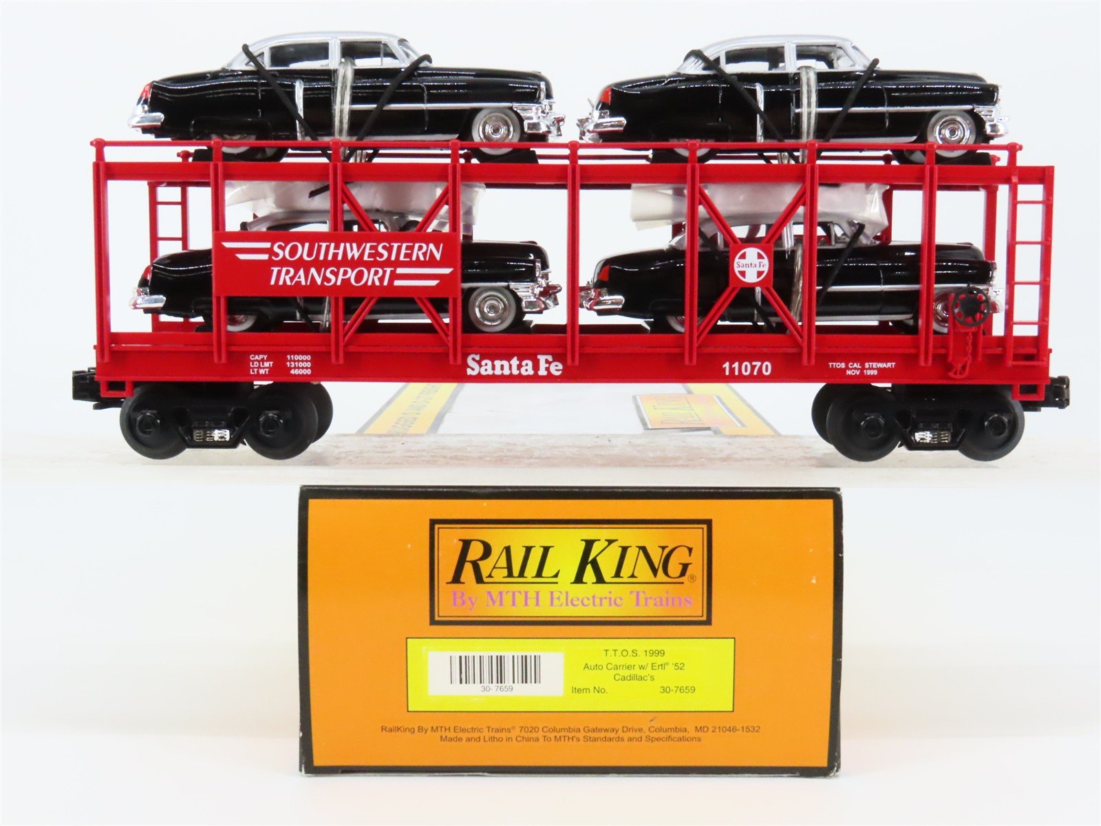 O27 3-Rail MTH RailKing 30-7659 ATSF Auto Carrier #11070 w/ Ertl '52 Cadillacs