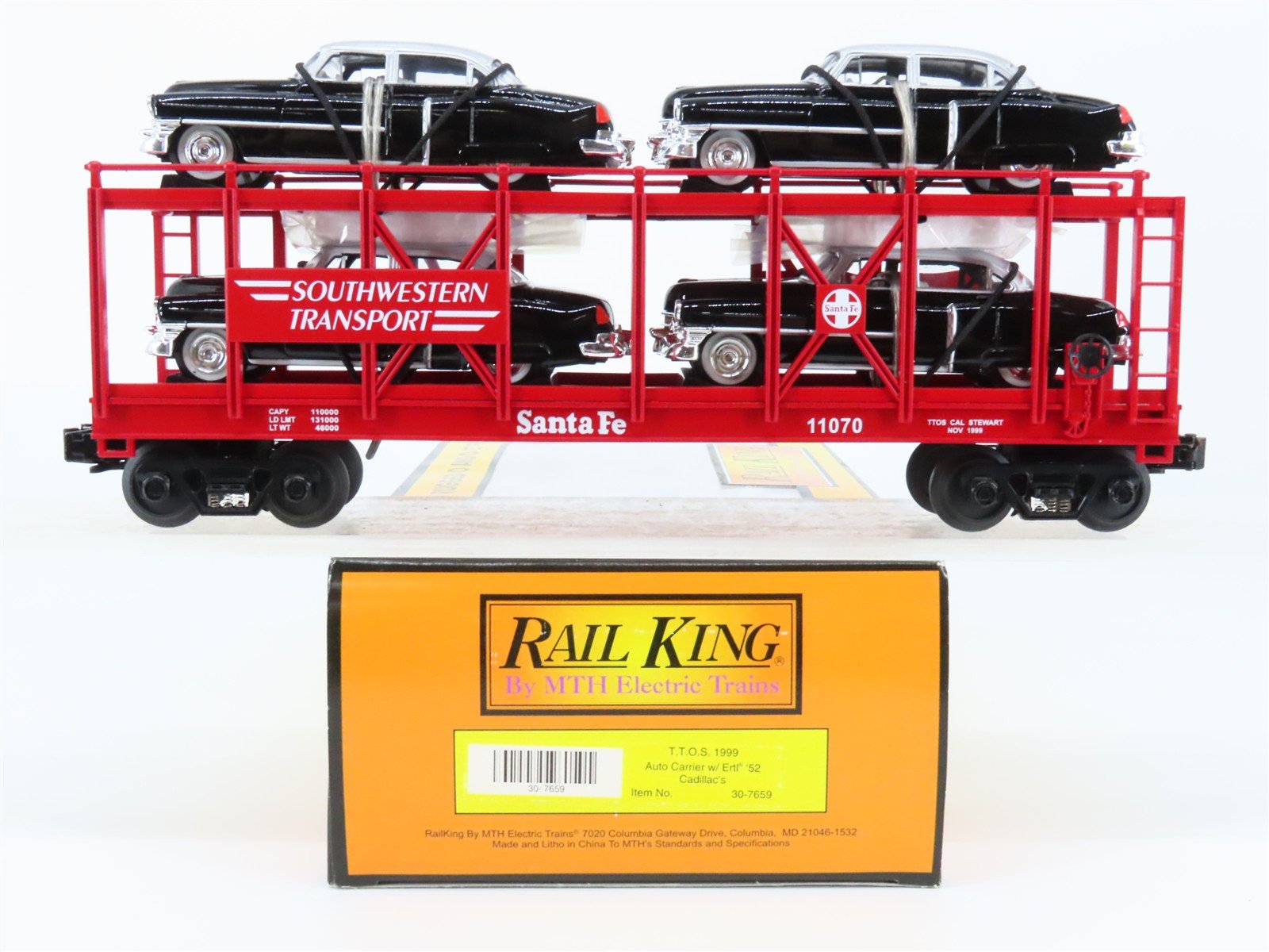 O27 3-Rail MTH RailKing 30-7659 ATSF Auto Carrier #11070 w/ Ertl '52 Cadillacs