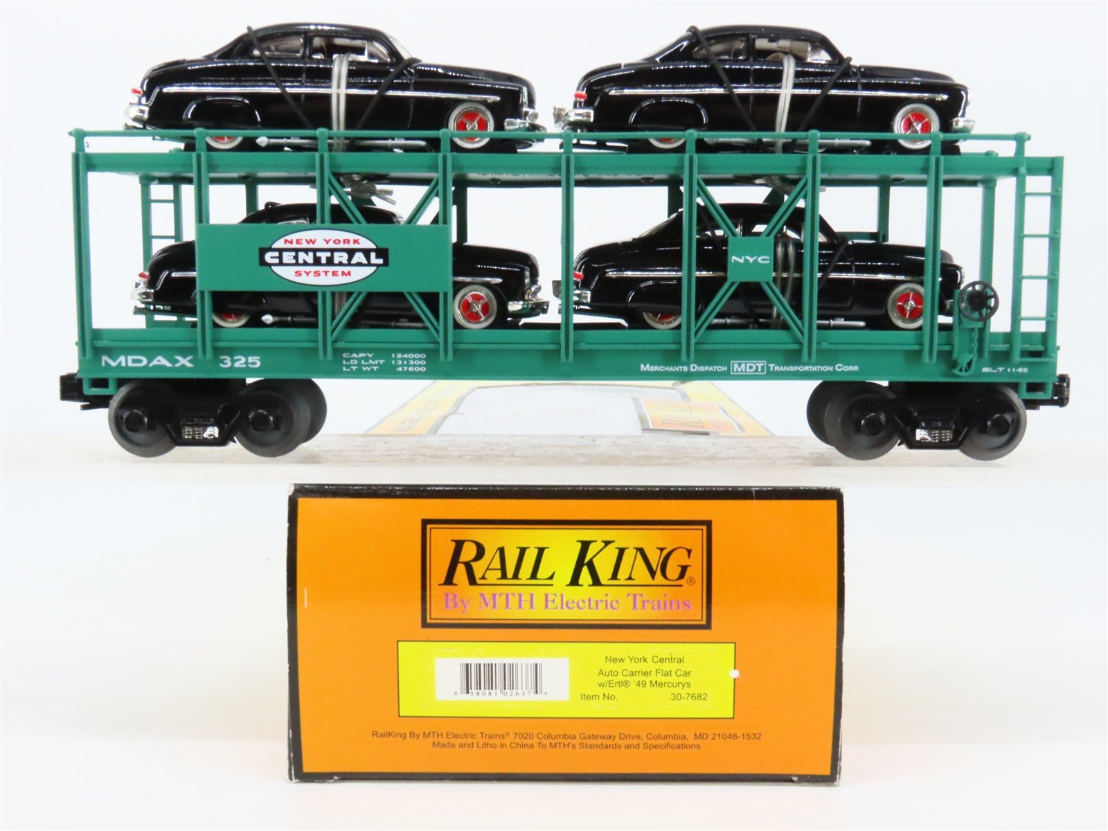 O27 3-Rail MTH RailKing 30-7682 MDAX NYC Auto Carrier #325 w/ Ertl '49 Mercurys