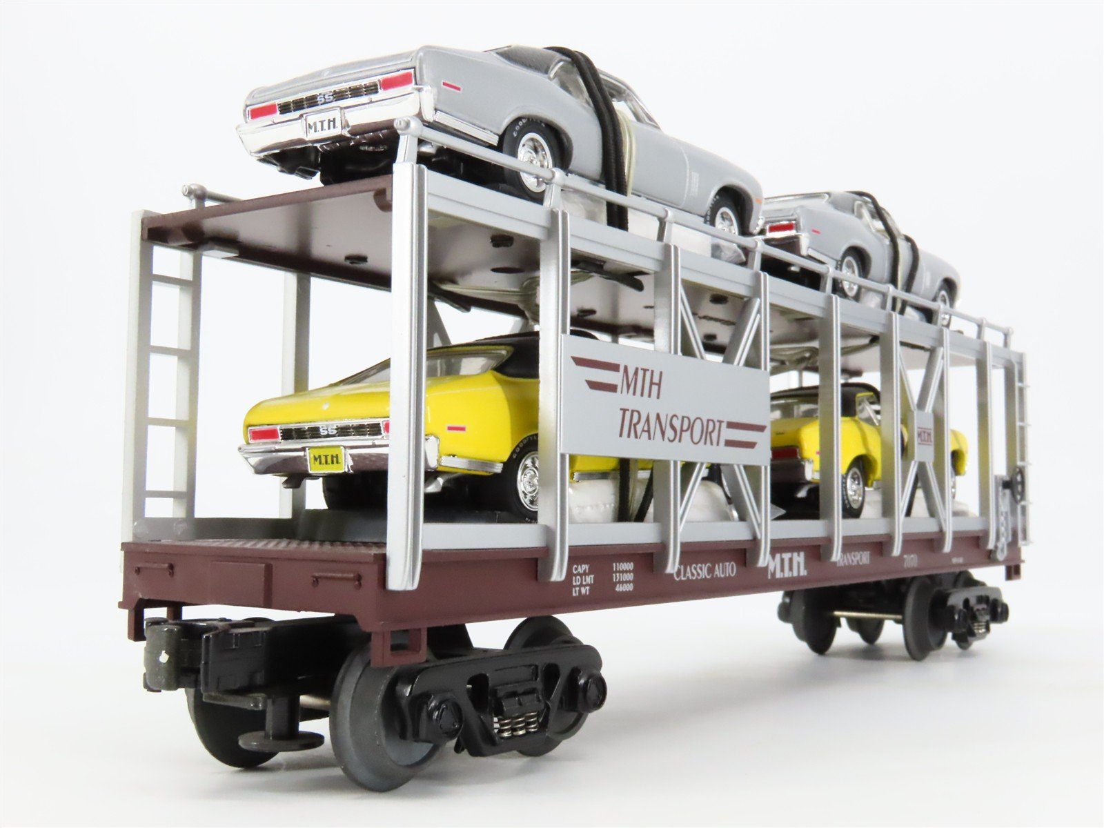 O27 3-Rail MTH RailKing 30-7694 Auto Carrier #7070 w/ Ertl '70 Chevy Novas