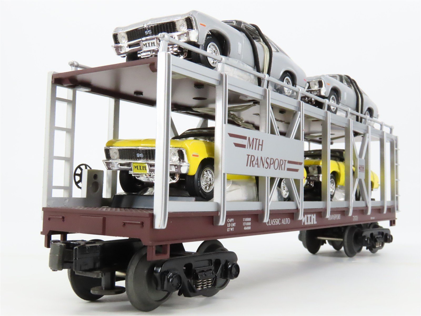 O27 3-Rail MTH RailKing 30-7694 Auto Carrier #7070 w/ Ertl '70 Chevy Novas