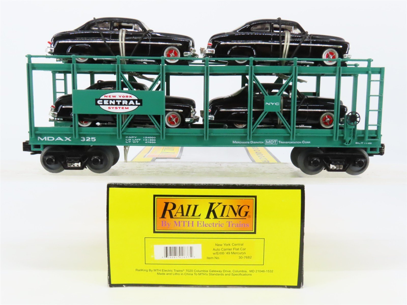 O27 3-Rail MTH RailKing 30-7682 MDAX NYC Auto Carrier #325 w/ Ertl '49 Mercurys