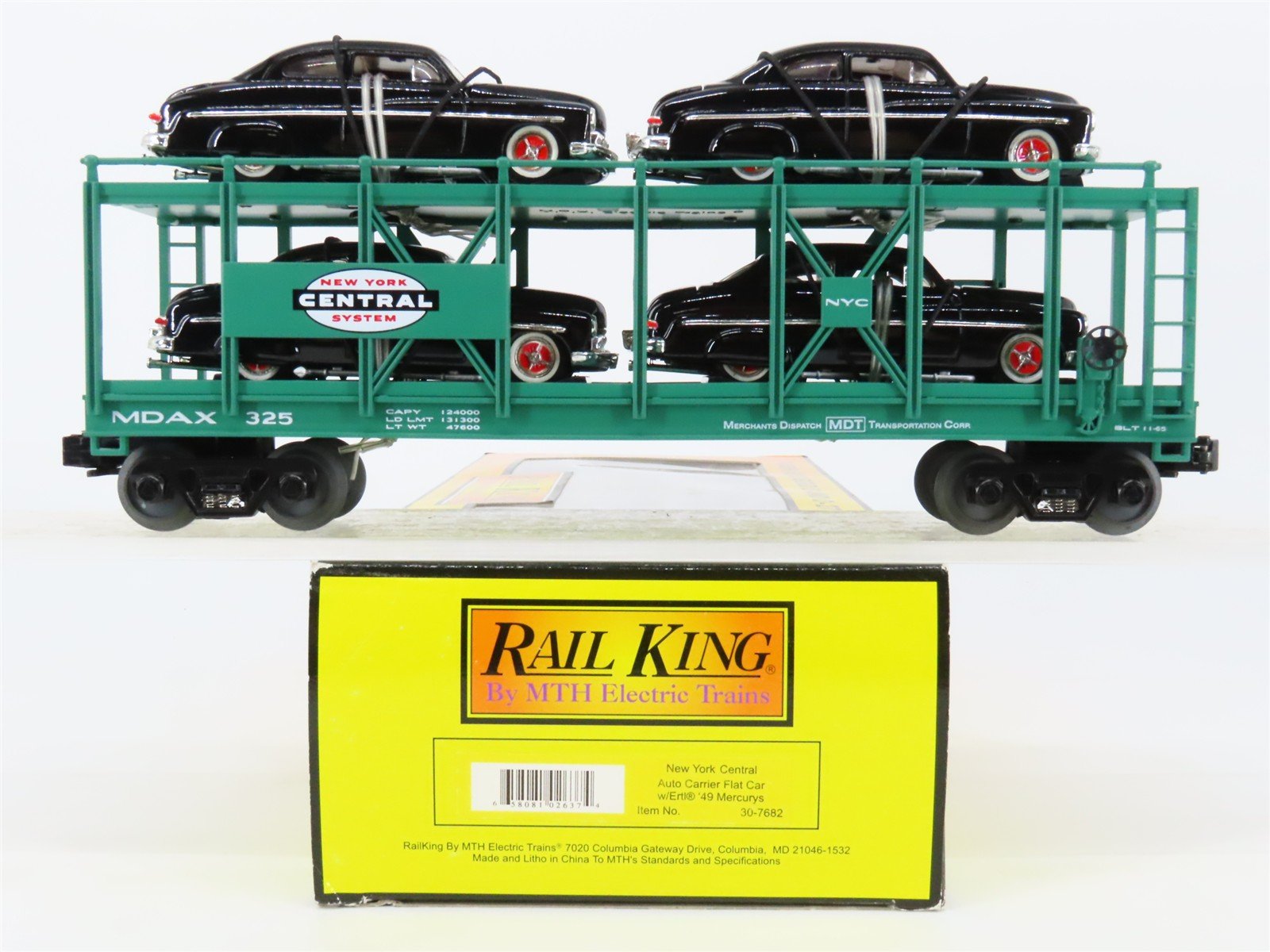 O27 3-Rail MTH RailKing 30-7682 MDAX NYC Auto Carrier #325 w/ Ertl '49 Mercurys