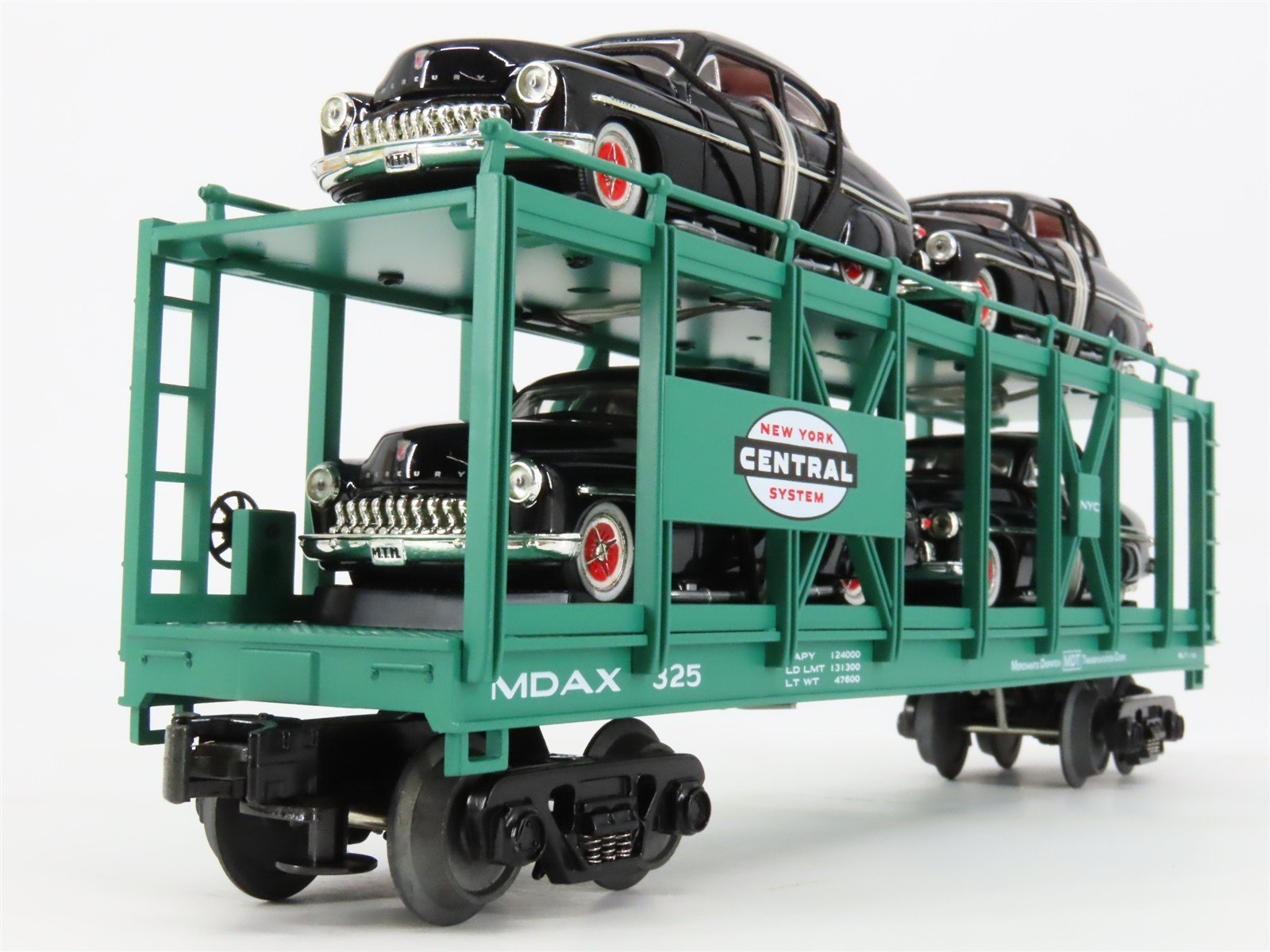 O27 3-Rail MTH RailKing 30-7682 MDAX NYC Auto Carrier #325 w/ Ertl '49 Mercurys