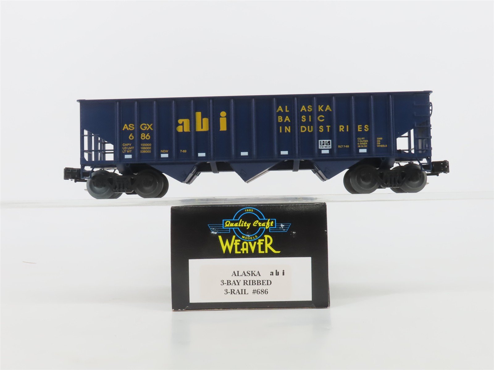 O Gauge 3-Rail Weaver 686 ASGX ABI Alaska Basic Industries 3-Bay Hopper #686