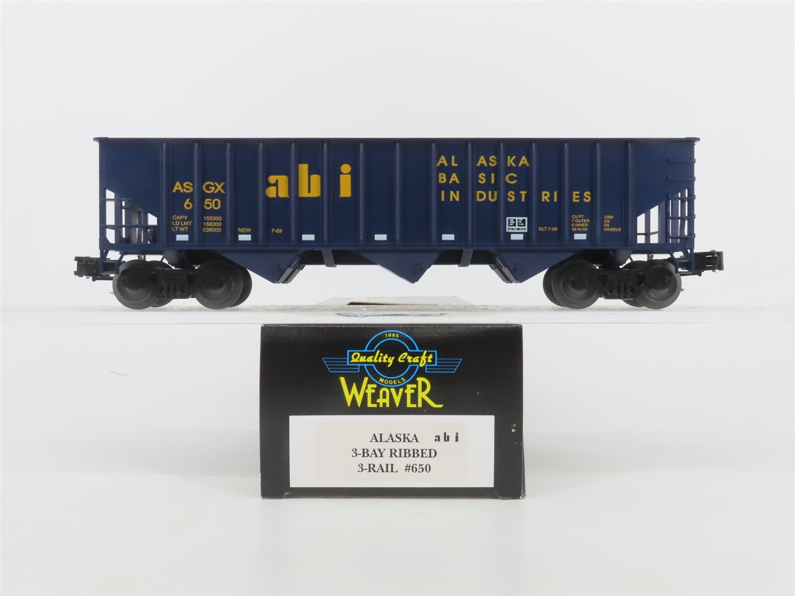 O Gauge 3-Rail Weaver 650 ASGX ABI Alaska Basic Industries 3-Bay Hopper #650