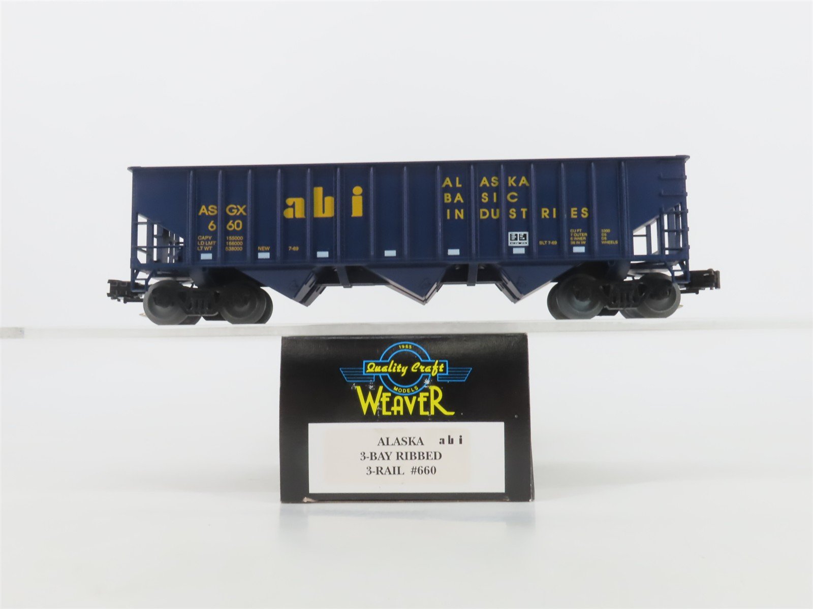 O Gauge 3-Rail Weaver 660 ASGX ABI Alaska Basic Industries 3-Bay Hopper #660