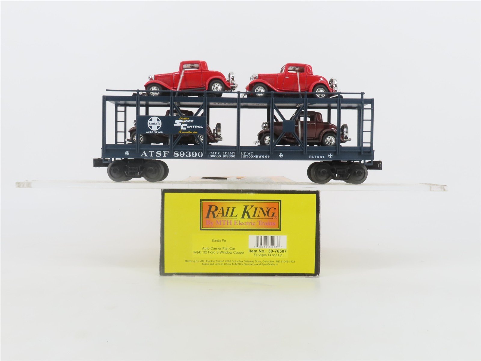 O 3-Rail MTH Rail King 30-76507 ATSF Auto Carrier #89390 w/32' Ford Coupe Cars