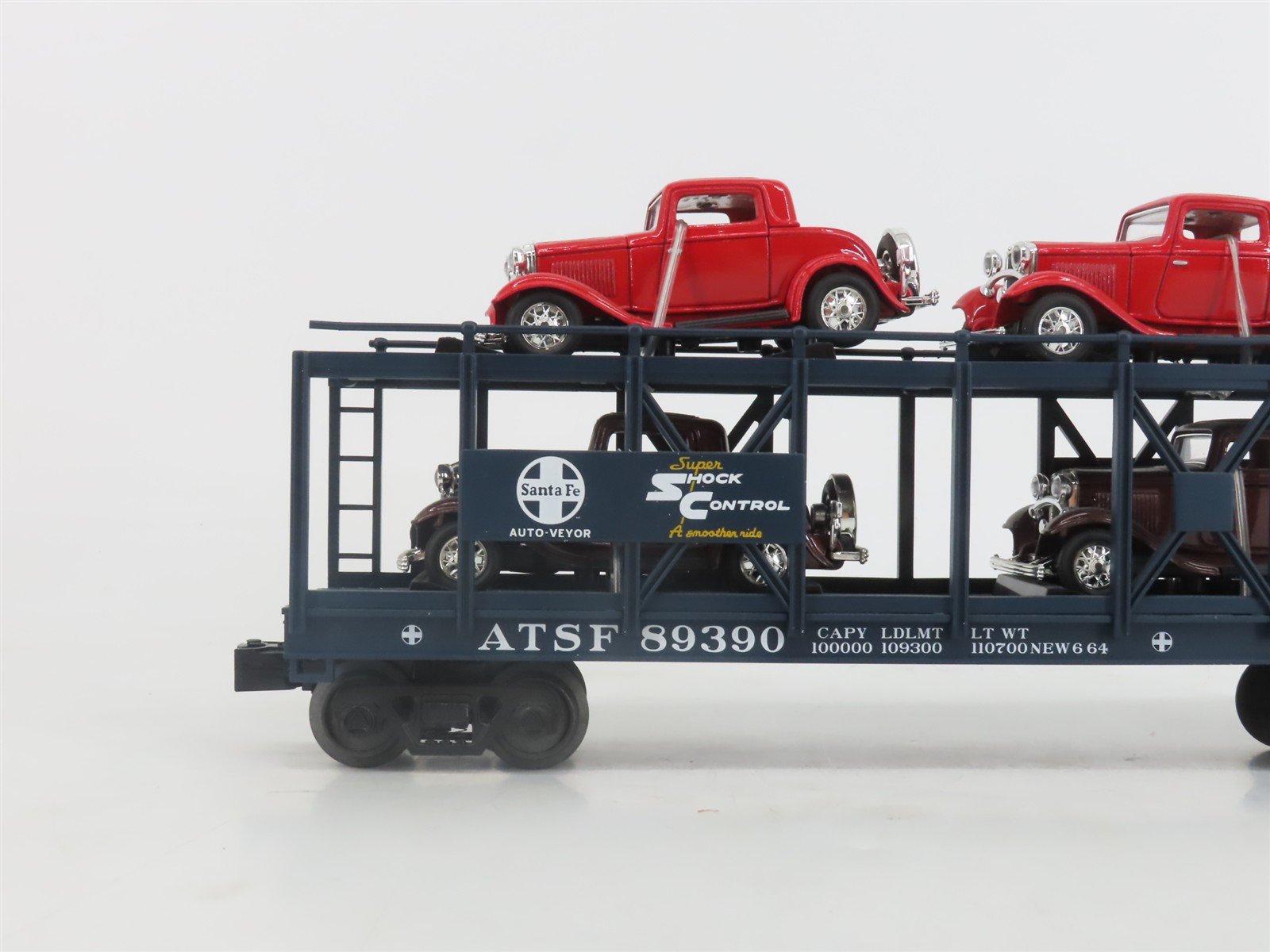 O 3-Rail MTH Rail King 30-76507 ATSF Auto Carrier #89390 w/32' Ford Coupe Cars