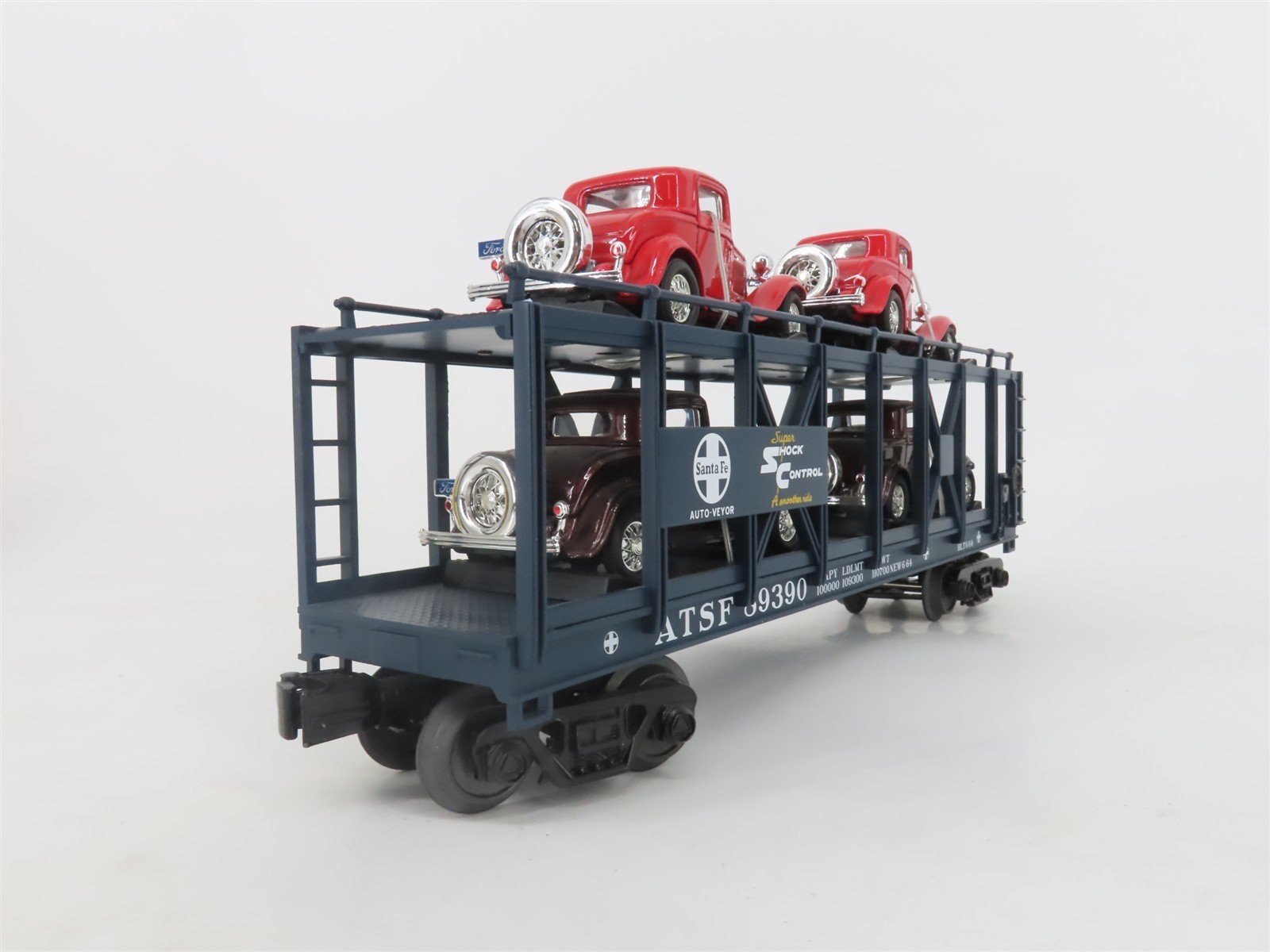 O 3-Rail MTH Rail King 30-76507 ATSF Auto Carrier #89390 w/32' Ford Coupe Cars