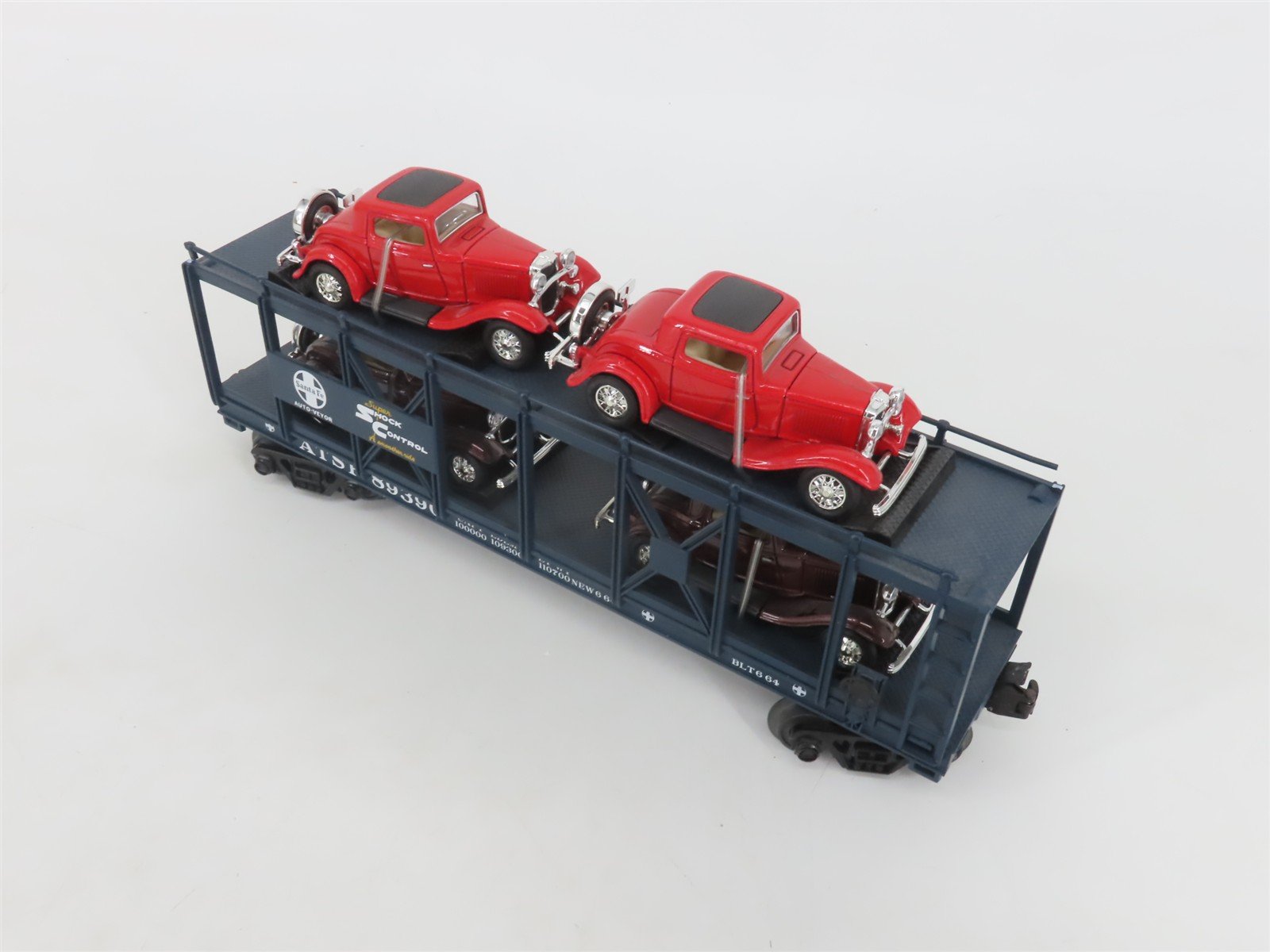 O 3-Rail MTH Rail King 30-76507 ATSF Auto Carrier #89390 w/32' Ford Coupe Cars