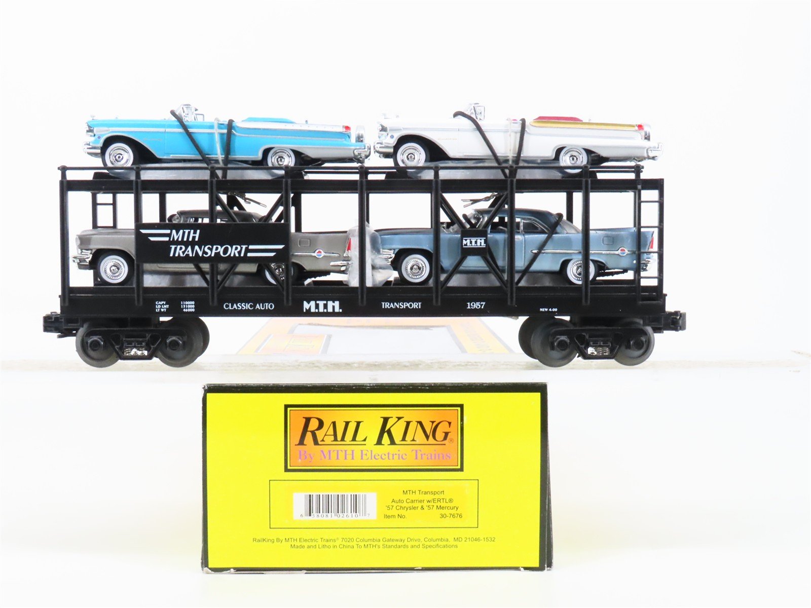O 3-Rail MTH Rail King 30-7676 Auto Carrier #1957 w/ERTL Chrysler & Mercury Cars