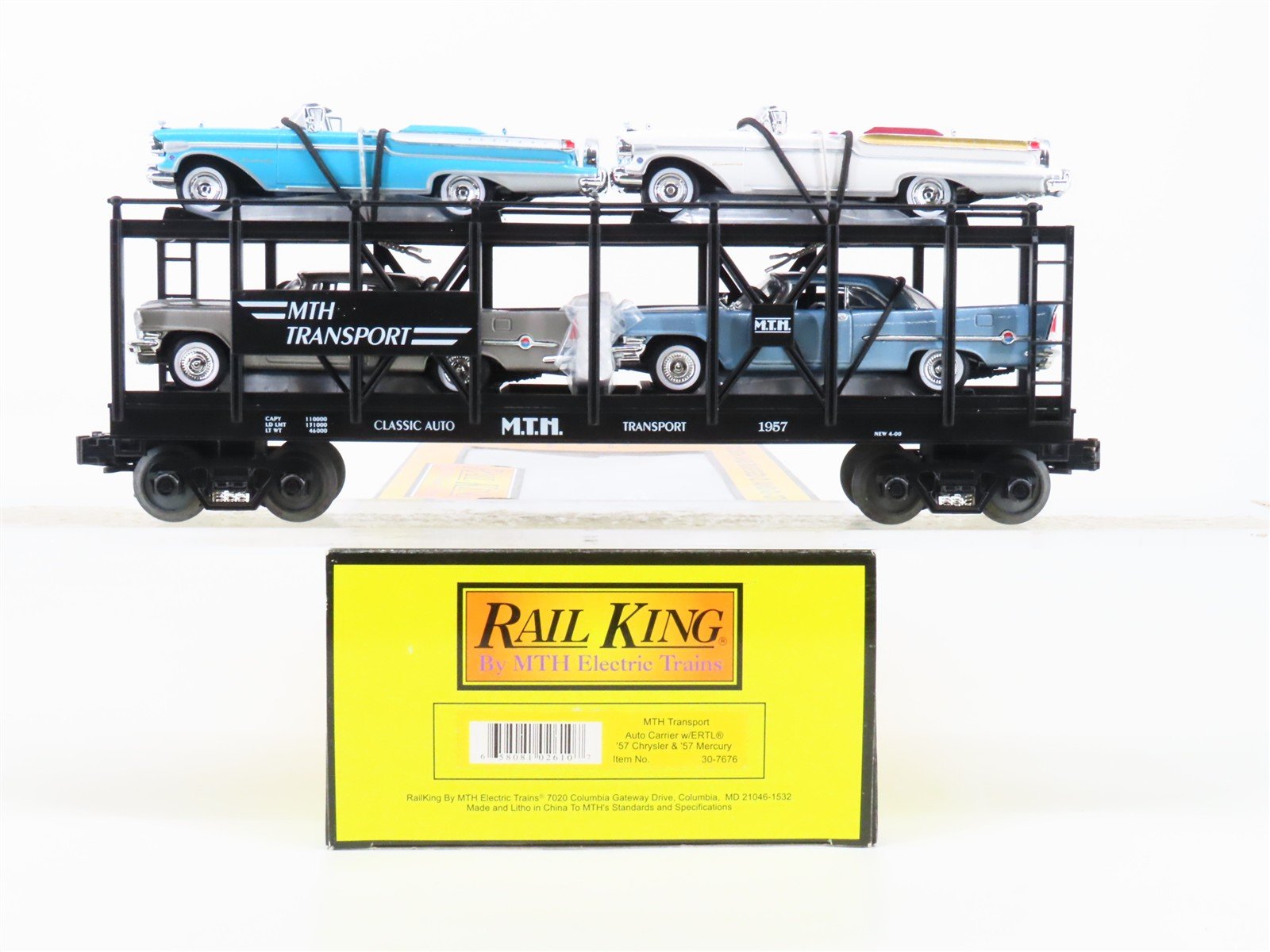 O 3-Rail MTH Rail King 30-7676 Auto Carrier #1957 w/ERTL Chrysler & Mercury Cars
