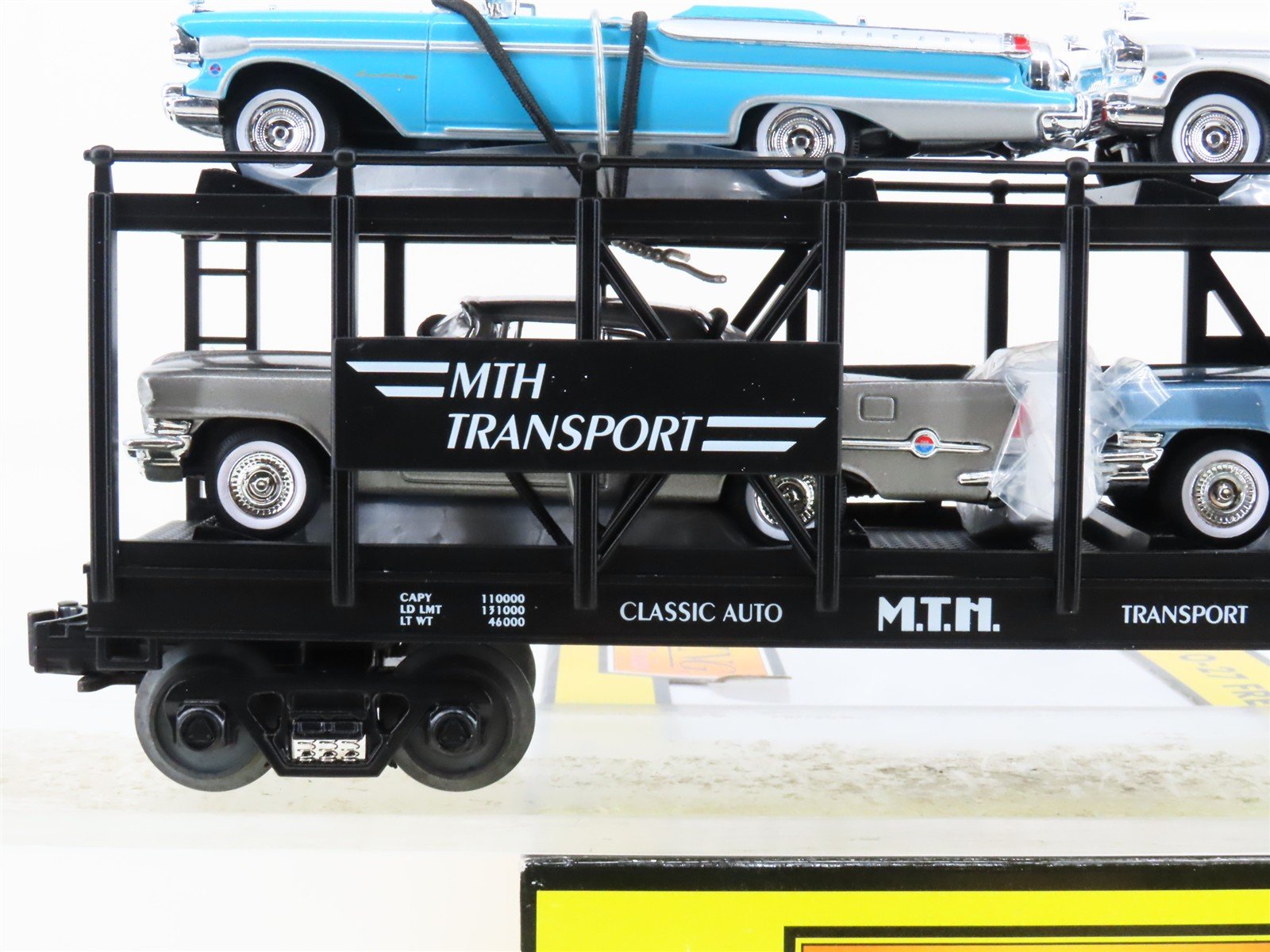 O 3-Rail MTH Rail King 30-7676 Auto Carrier #1957 w/ERTL Chrysler & Mercury Cars