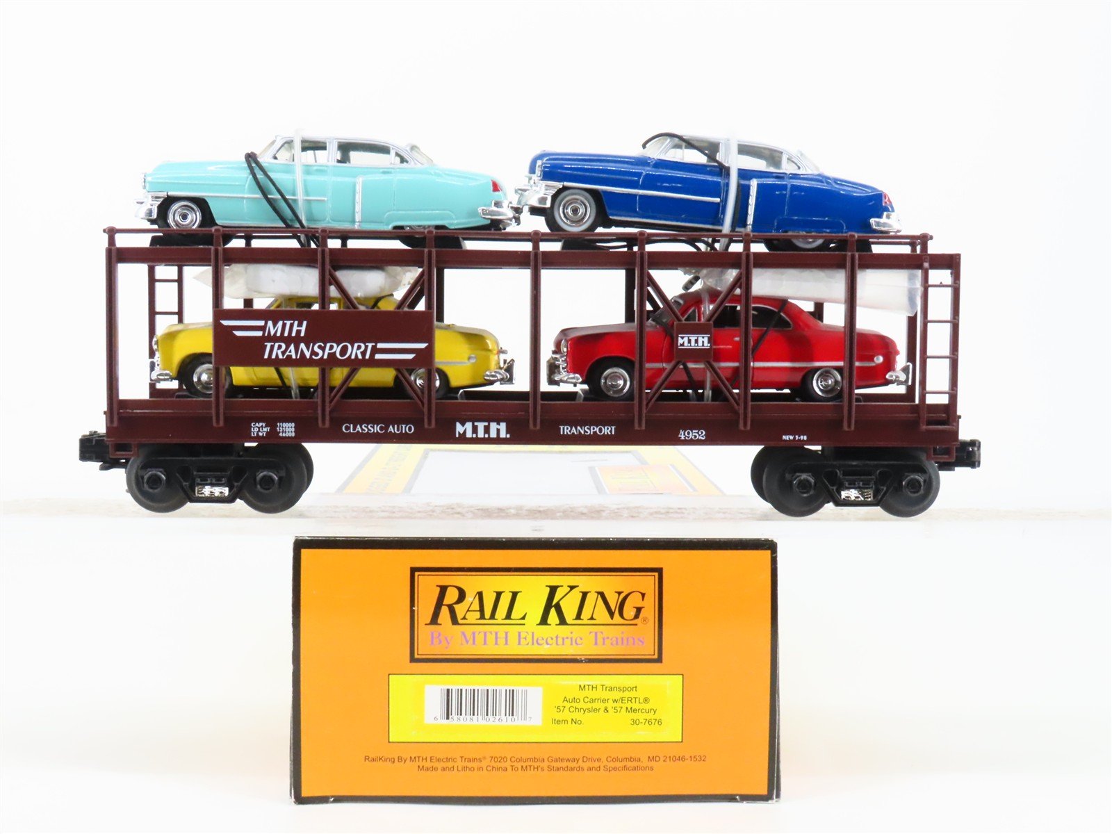 O 3-Rail MTH Rail King 30-7676 Auto Carrier #4952 w/ERTL Chrysler & Mercury Cars