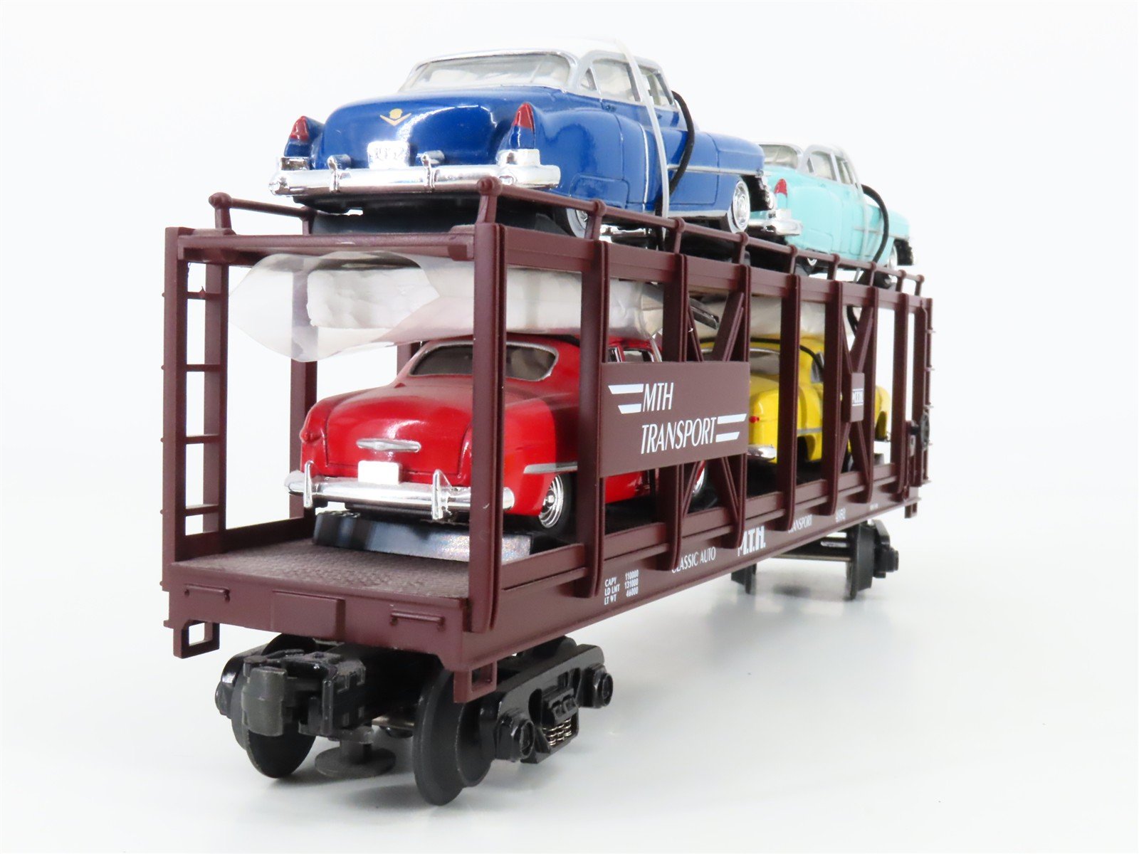 O 3-Rail MTH Rail King 30-7676 Auto Carrier #4952 w/ERTL Chrysler & Mercury Cars