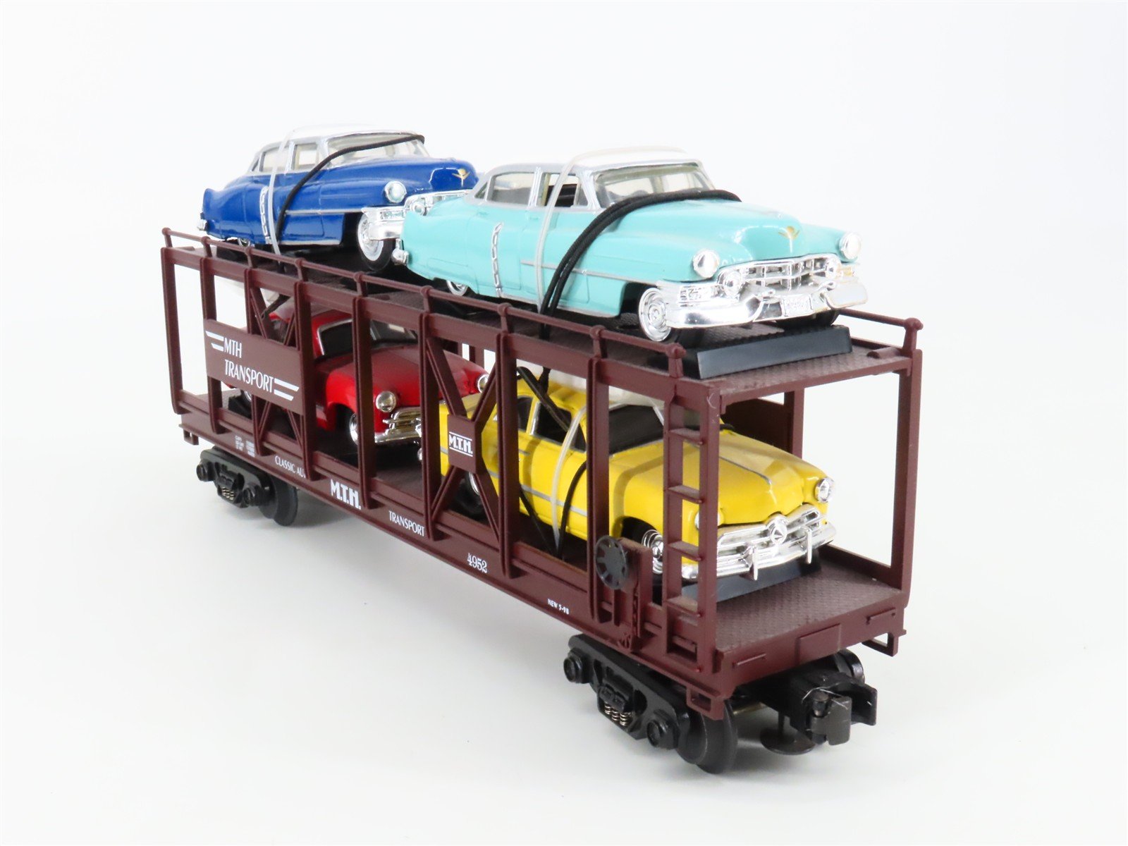 O 3-Rail MTH Rail King 30-7676 Auto Carrier #4952 w/ERTL Chrysler & Mercury Cars