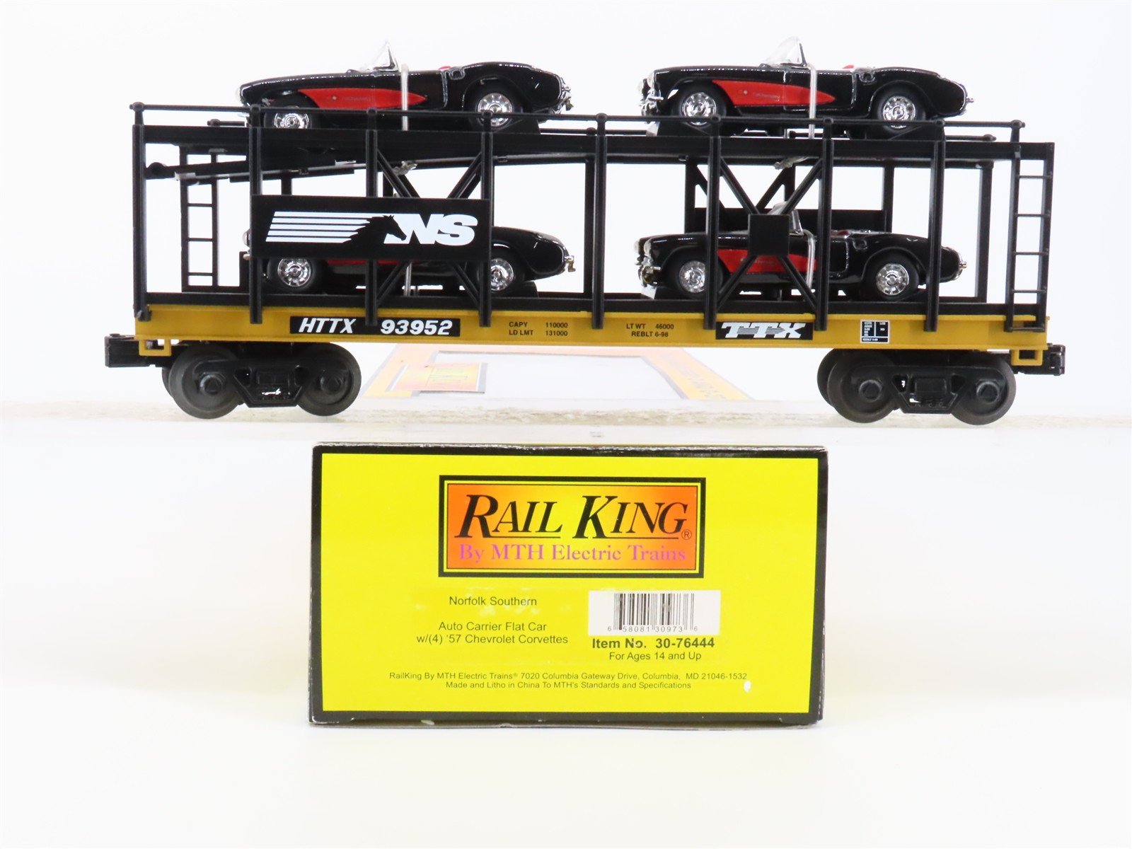 O 3-Rail MTH Rail King 30-76444 NS Auto Carrier #93952 w/ERTL Corvettes Cars