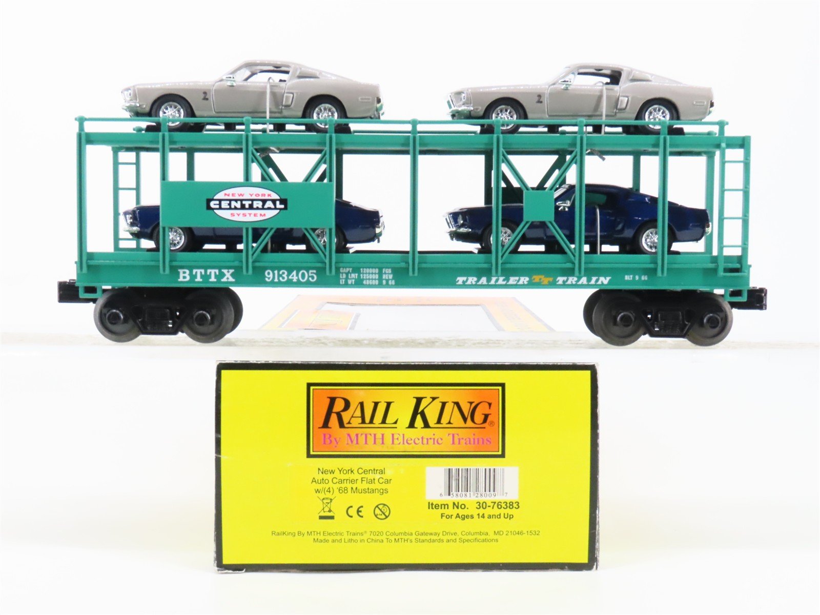 O 3-Rail MTH 30-76383 NYC New York Central Auto Carrier #913405 w/4 Mustang Cars