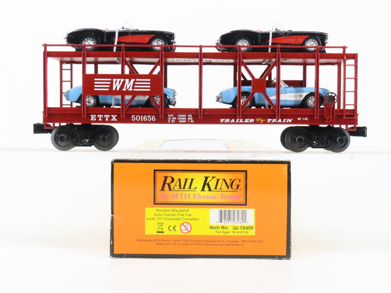 O 3-Rail MTH 30-76406 WM Western Maryland Auto Carrier #501656 w/4 Corvette Cars