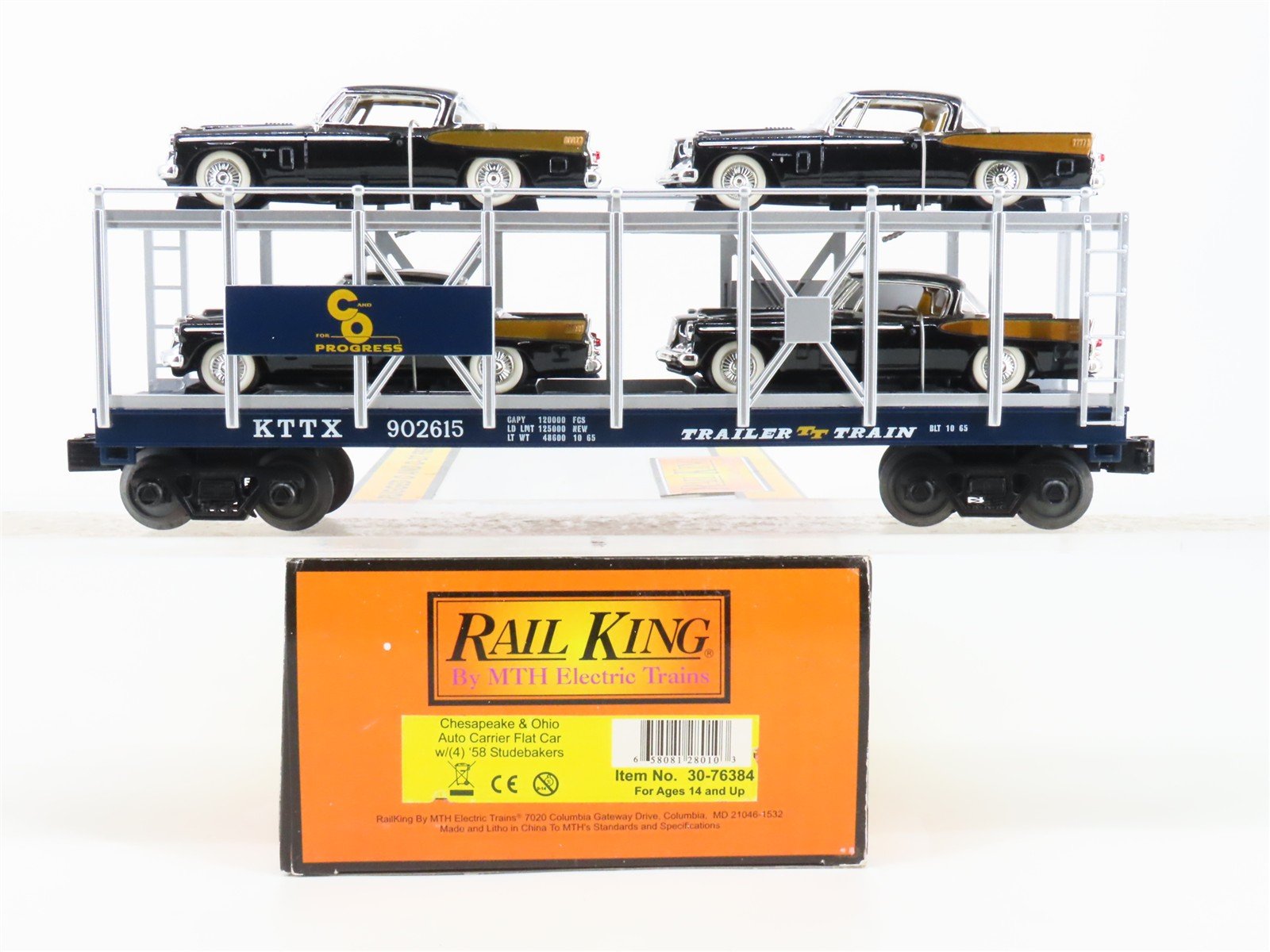 O 3-Rail MTH 30-76384 C&O Chesapeake & Ohio Auto Carrier #902615 w/4 Studebakers