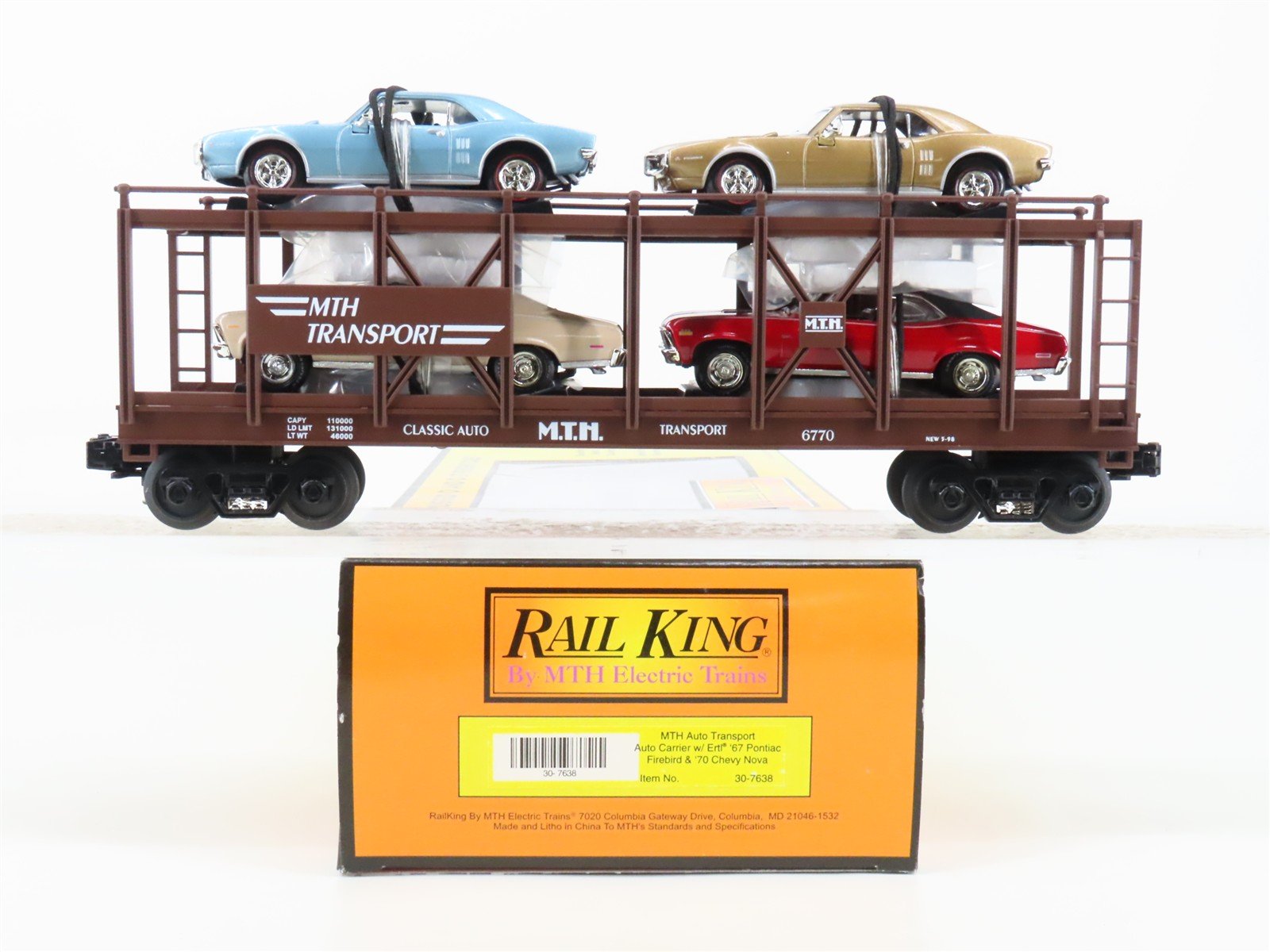 O Gauge 3-Rail MTH 30-7638 MTH Transport Auto Carrier #6770 w/ERTL Chevy Novas