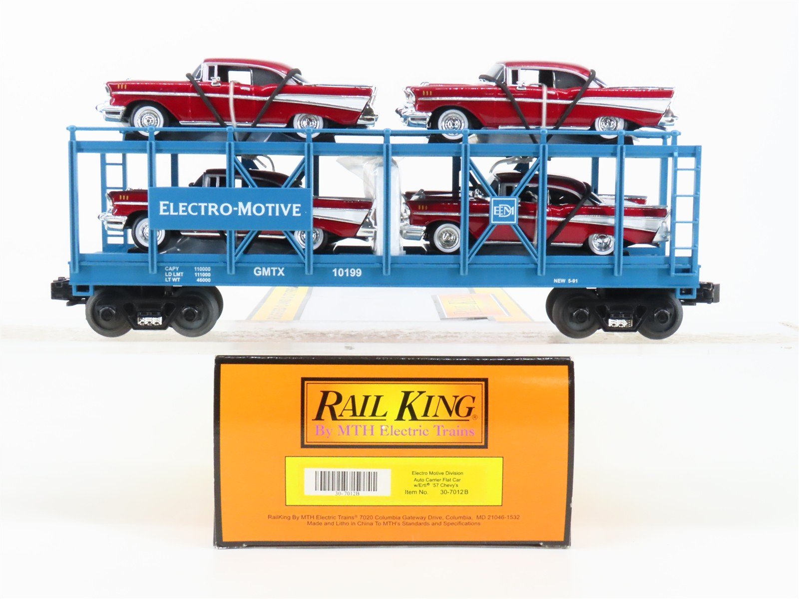 O Gauge 3-Rail MTH 30-7012B EMD/GMTX Auto Carrier #10199 w/ERTL 57' Chevy's
