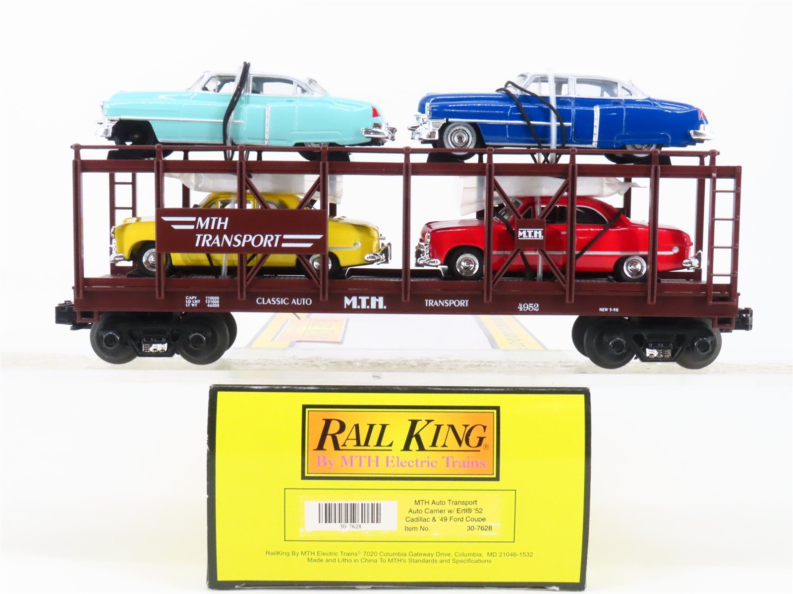 O Gauge 3-Rail MTH 30-7628 MTH Auto Carrier #4952 w/ERTL Cadillac & Ford Cars