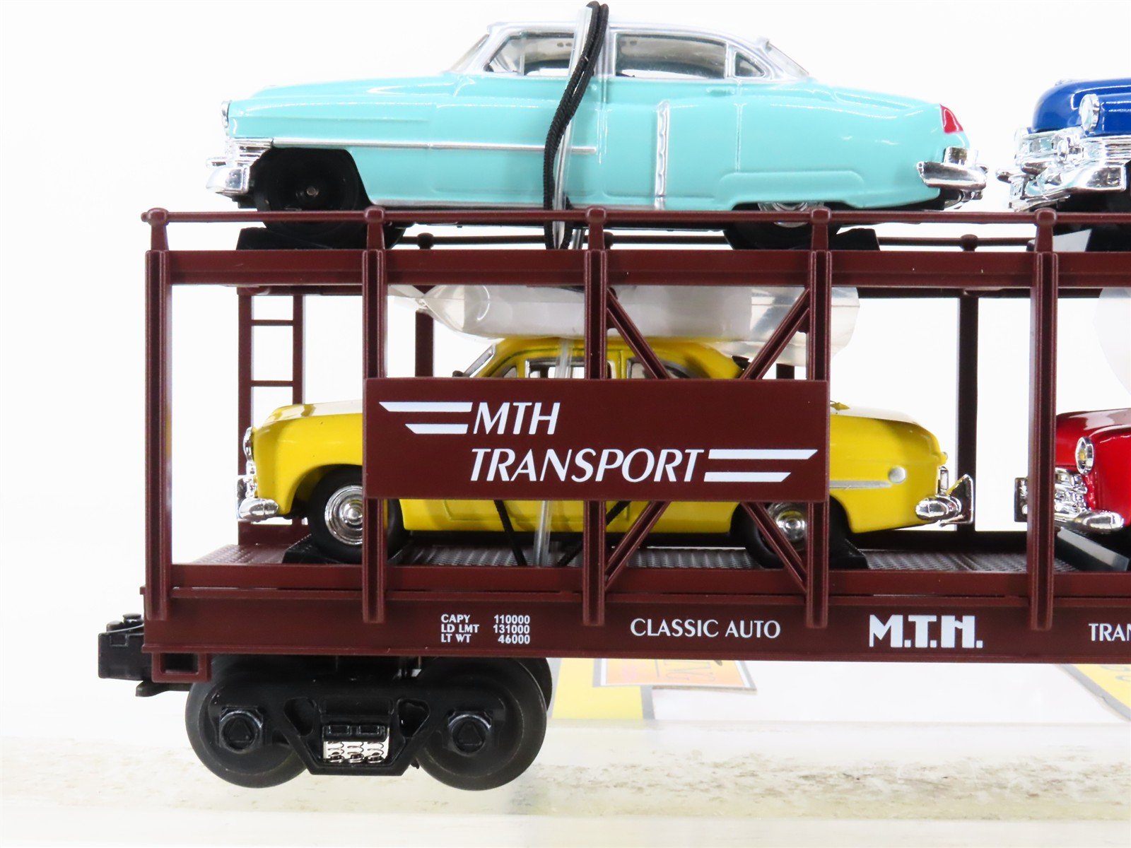 O Gauge 3-Rail MTH 30-7628 MTH Auto Carrier #4952 w/ERTL Cadillac & Ford Cars