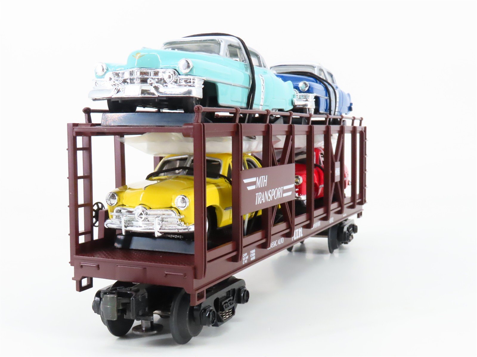 O Gauge 3-Rail MTH 30-7628 MTH Auto Carrier #4952 w/ERTL Cadillac & Ford Cars